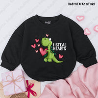I Steal Hearts Baby Boy Romper Cute Dinosaur Valentine Outfit Infant Gift Cotton Playful Bodysuit Whimsical Pink Green Design
