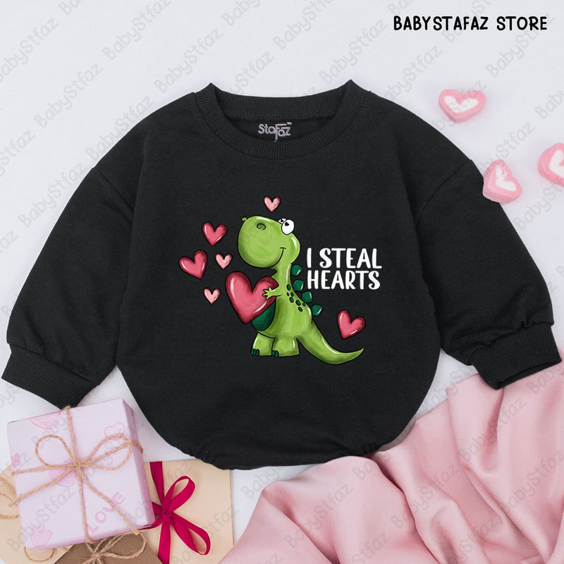 I Steal Hearts Baby Boy Romper Cute Dinosaur Valentine Outfit Infant Gift Cotton Playful Bodysuit Whimsical Pink Green Design