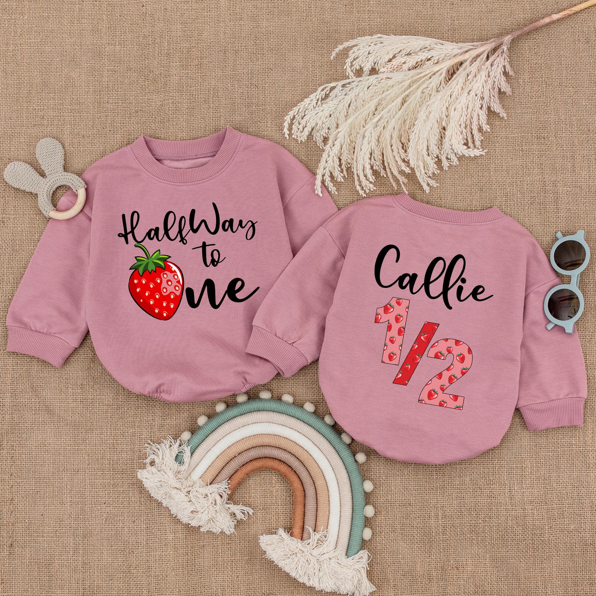 Strawberry Halfway to One Baby Romper Personalized 1/2 Birthday Outfit Cute Girl Celebration Clothes Whimsical Cotton Bodysuit