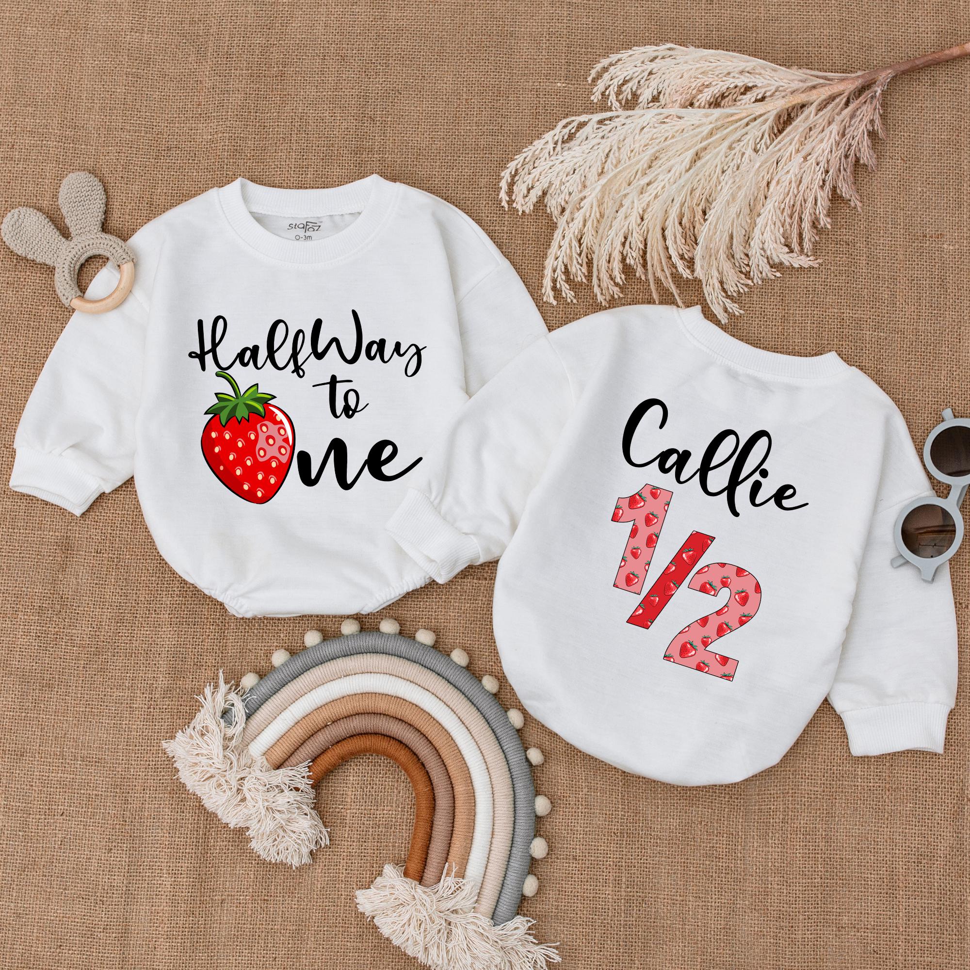 Strawberry Halfway to One Baby Romper Personalized 1/2 Birthday Outfit Cute Girl Celebration Clothes Whimsical Cotton Bodysuit