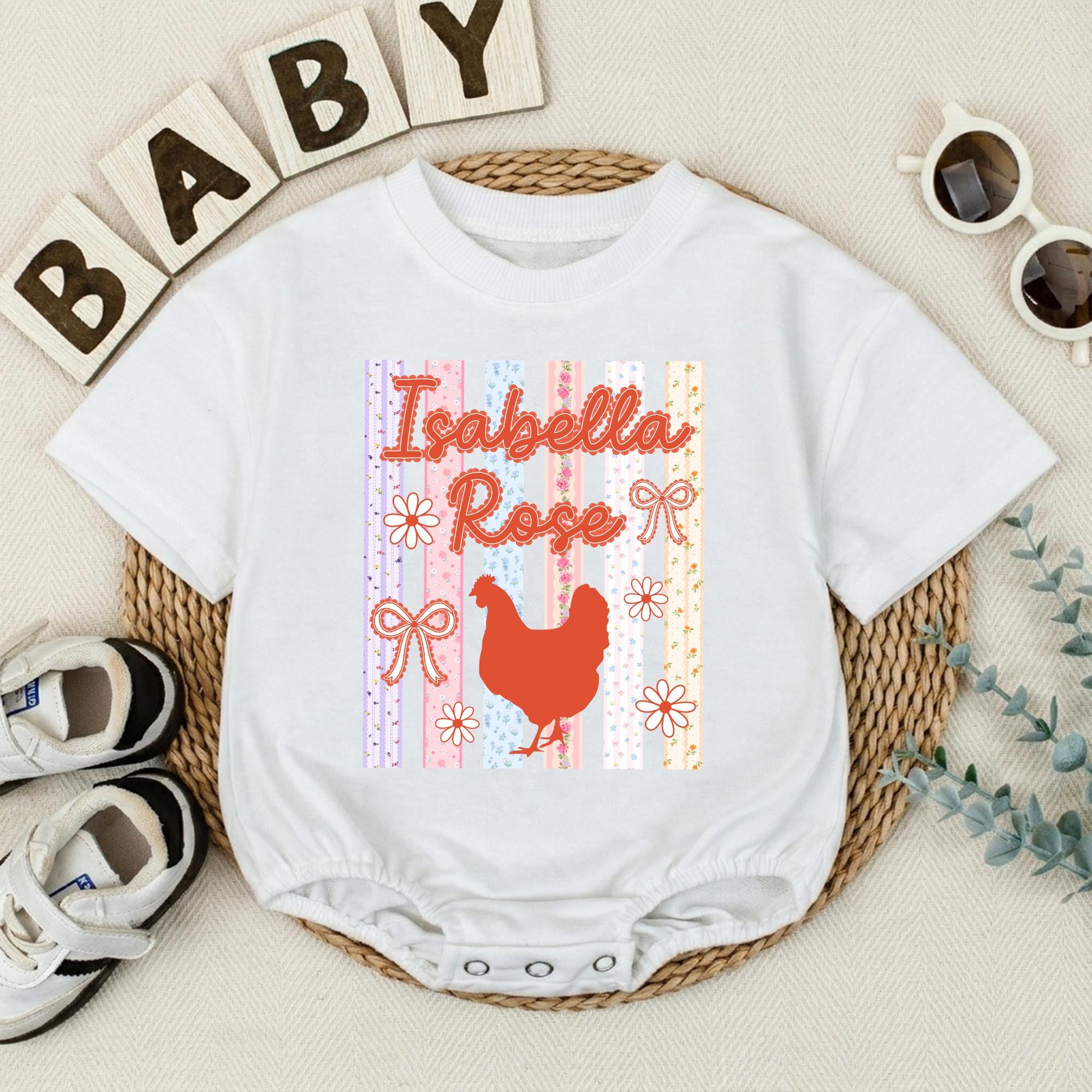 Striped Floral Chicken Baby Bubble Romper with Custom Name, Farm Animal Infant Outfit, Baby Girl Shower Gift, Newborn Coming Home Clothes