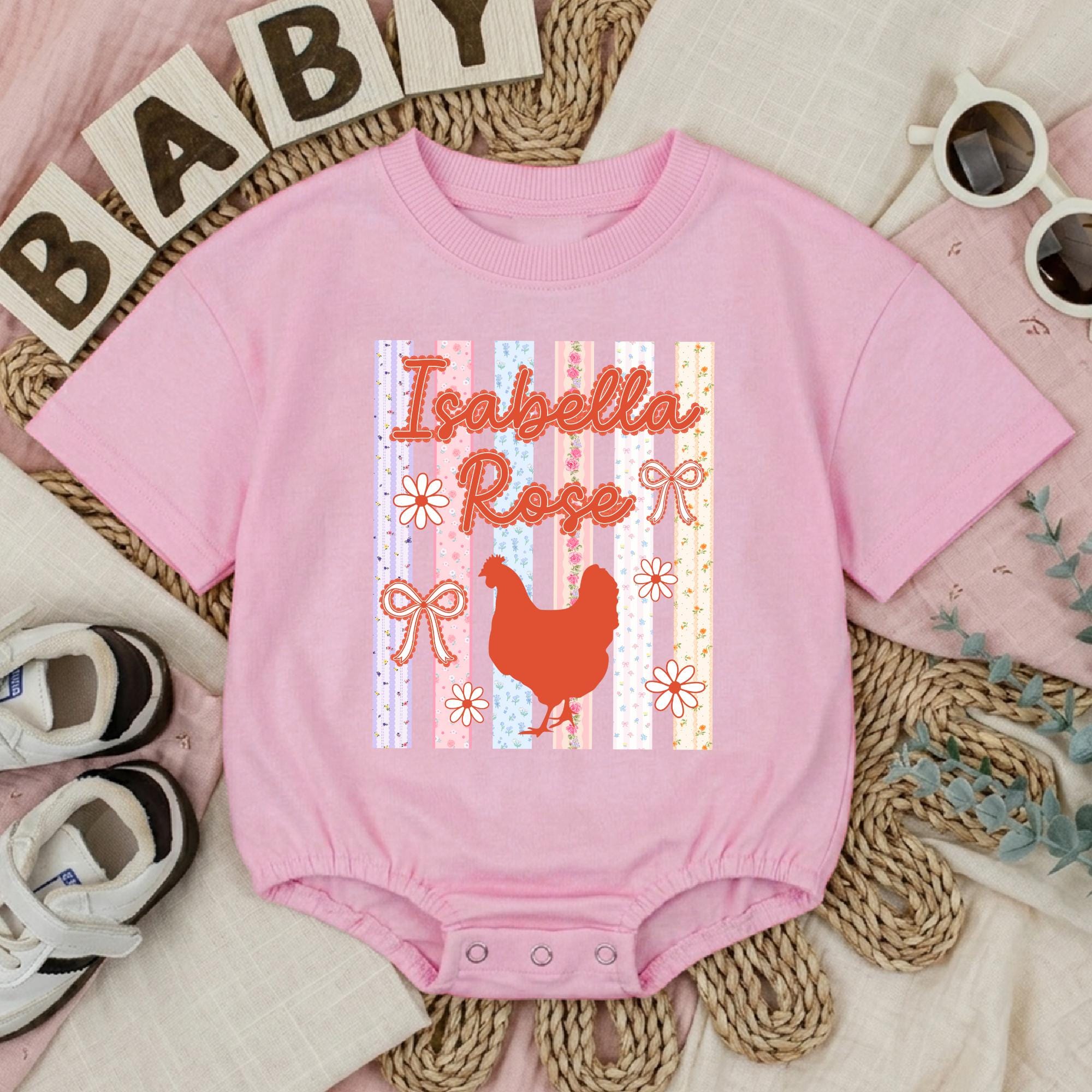 Striped Floral Chicken Baby Bubble Romper with Custom Name, Farm Animal Infant Outfit, Baby Girl Shower Gift, Newborn Coming Home Clothes