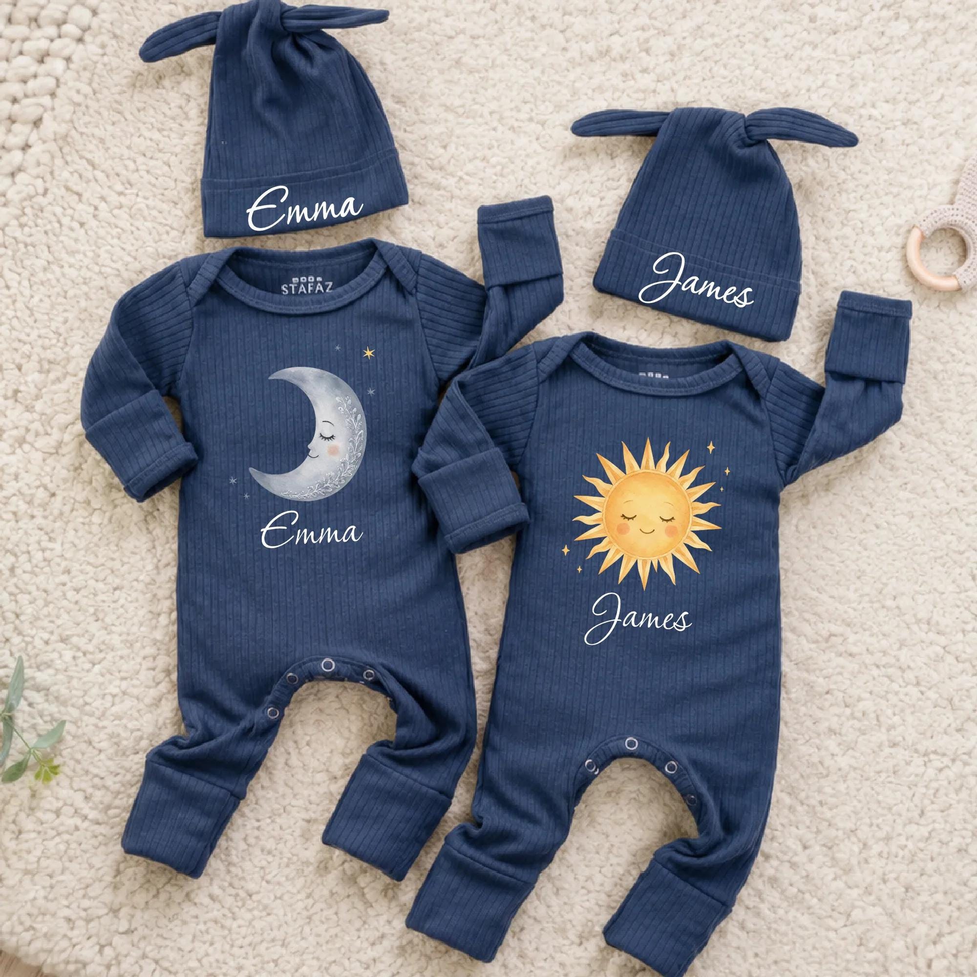 Sun and Moon Twin Baby Rompers with Custom Name Hats, Celestial Newborn Outfit Set, Matching Brother Sister Coming Home Clothes