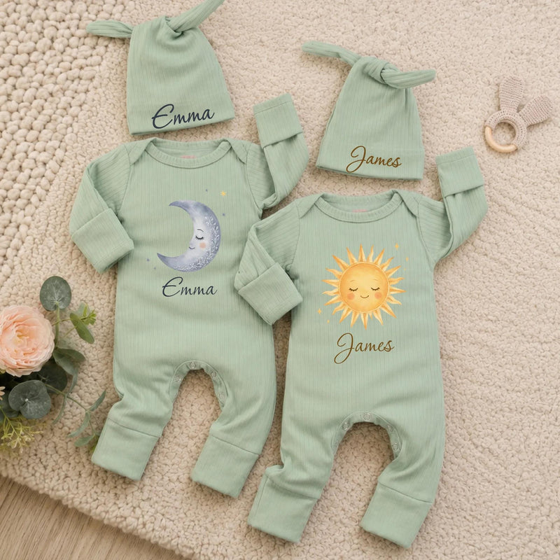Sun and Moon Twin Baby Rompers with Custom Name Hats, Celestial Newborn Outfit Set, Matching Brother Sister Coming Home Clothes