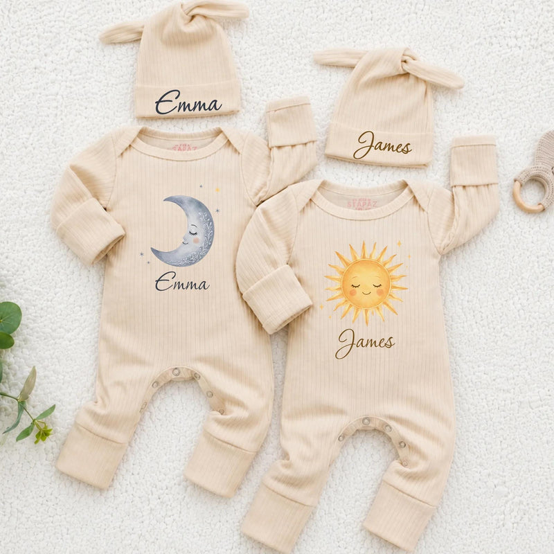 Sun and Moon Twin Baby Rompers with Custom Name Hats, Celestial Newborn Outfit Set, Matching Brother Sister Coming Home Clothes