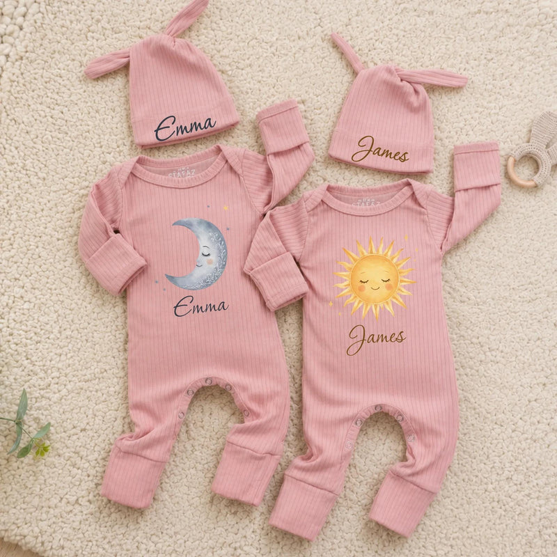 Sun and Moon Twin Baby Rompers with Custom Name Hats, Celestial Newborn Outfit Set, Matching Brother Sister Coming Home Clothes