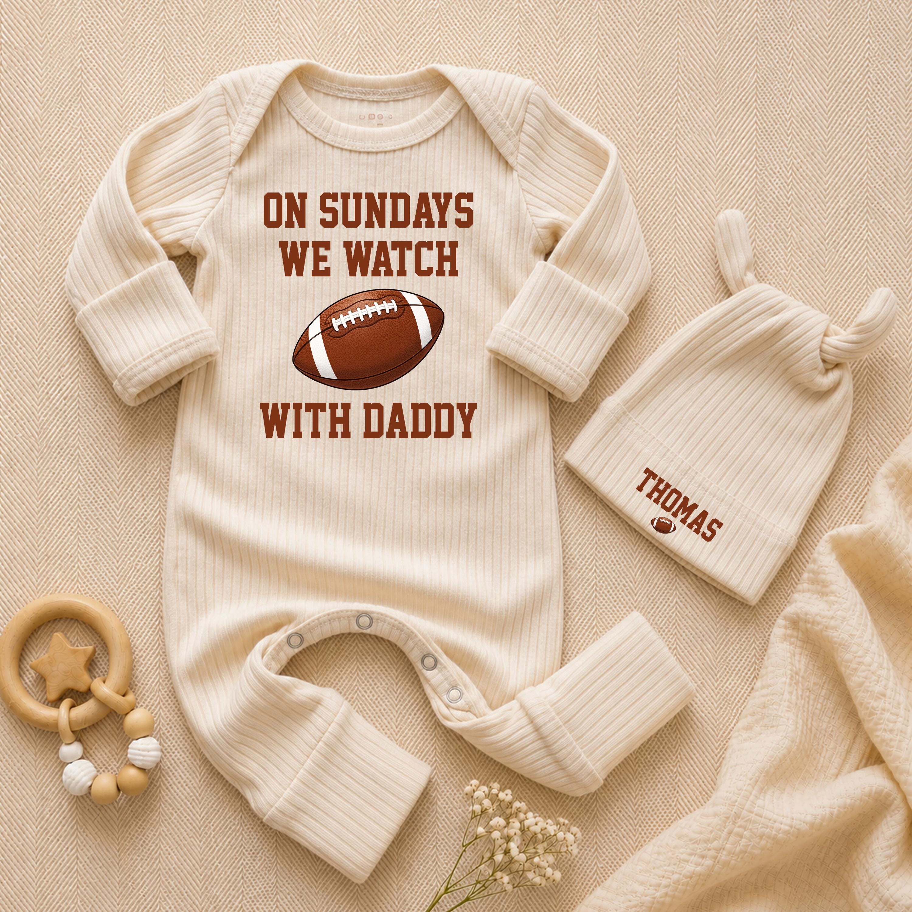 On Sundays We Watch With Daddy Baby Bodysuit and Hat Set, Football-Themed Cotton Outfit for Game Day, Personalized Gift for Infants