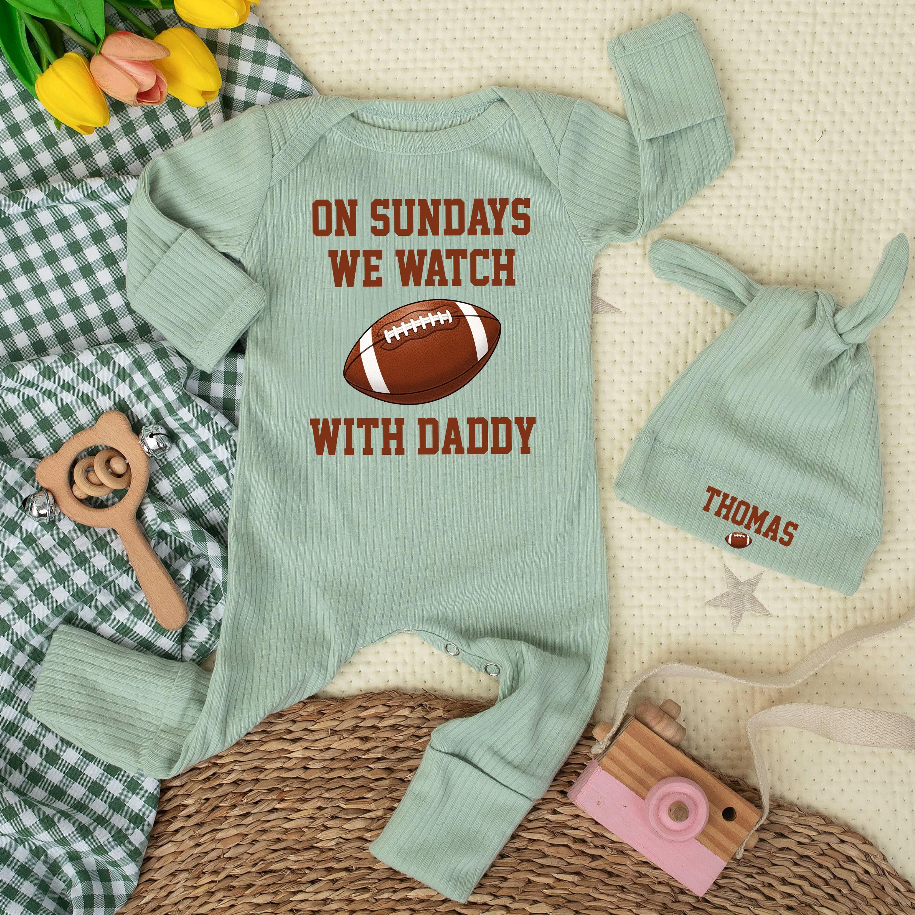 On Sundays We Watch With Daddy Baby Bodysuit and Hat Set, Football-Themed Cotton Outfit for Game Day, Personalized Gift for Infants