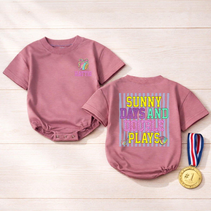 Sunny Days and Double Plays Baby Bubble Romper, Custom Softball Name Outfit, Ultra-Soft Cotton, Matching Family Style for Summer Playtime