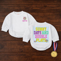 Sunny Days and Double Plays Baby Bubble Romper, Custom Softball Name Outfit, Ultra-Soft Cotton, Matching Family Style for Summer Playtime