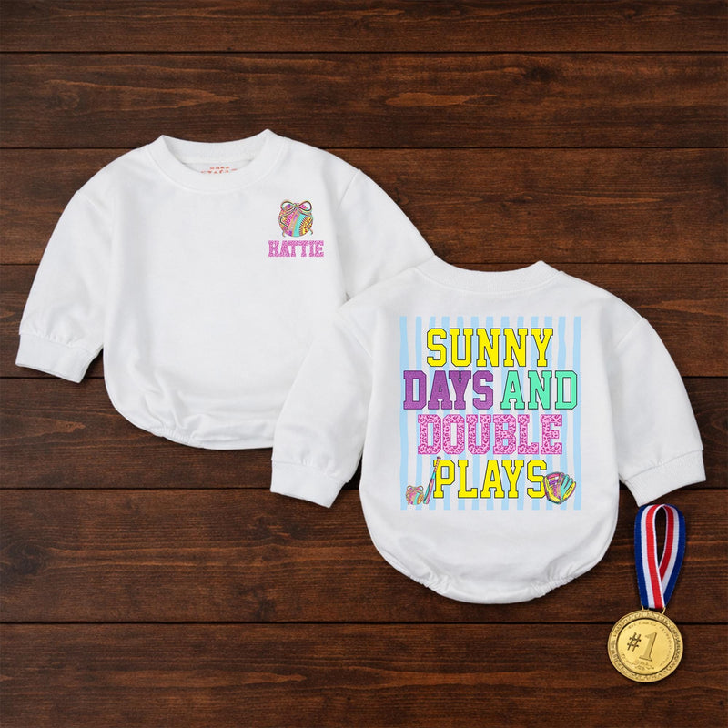 Sunny Days and Double Plays Baby Bubble Romper, Custom Softball Name Outfit, Ultra-Soft Cotton, Matching Family Style for Summer Playtime