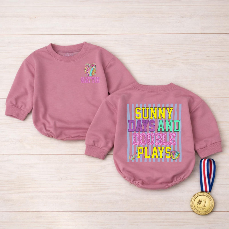 Sunny Days and Double Plays Baby Bubble Romper, Custom Softball Name Outfit, Ultra-Soft Cotton, Matching Family Style for Summer Playtime