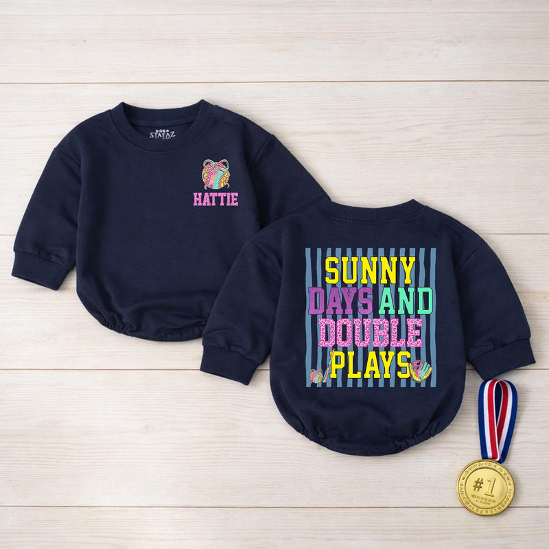 Sunny Days and Double Plays Baby Bubble Romper, Custom Softball Name Outfit, Ultra-Soft Cotton, Matching Family Style for Summer Playtime