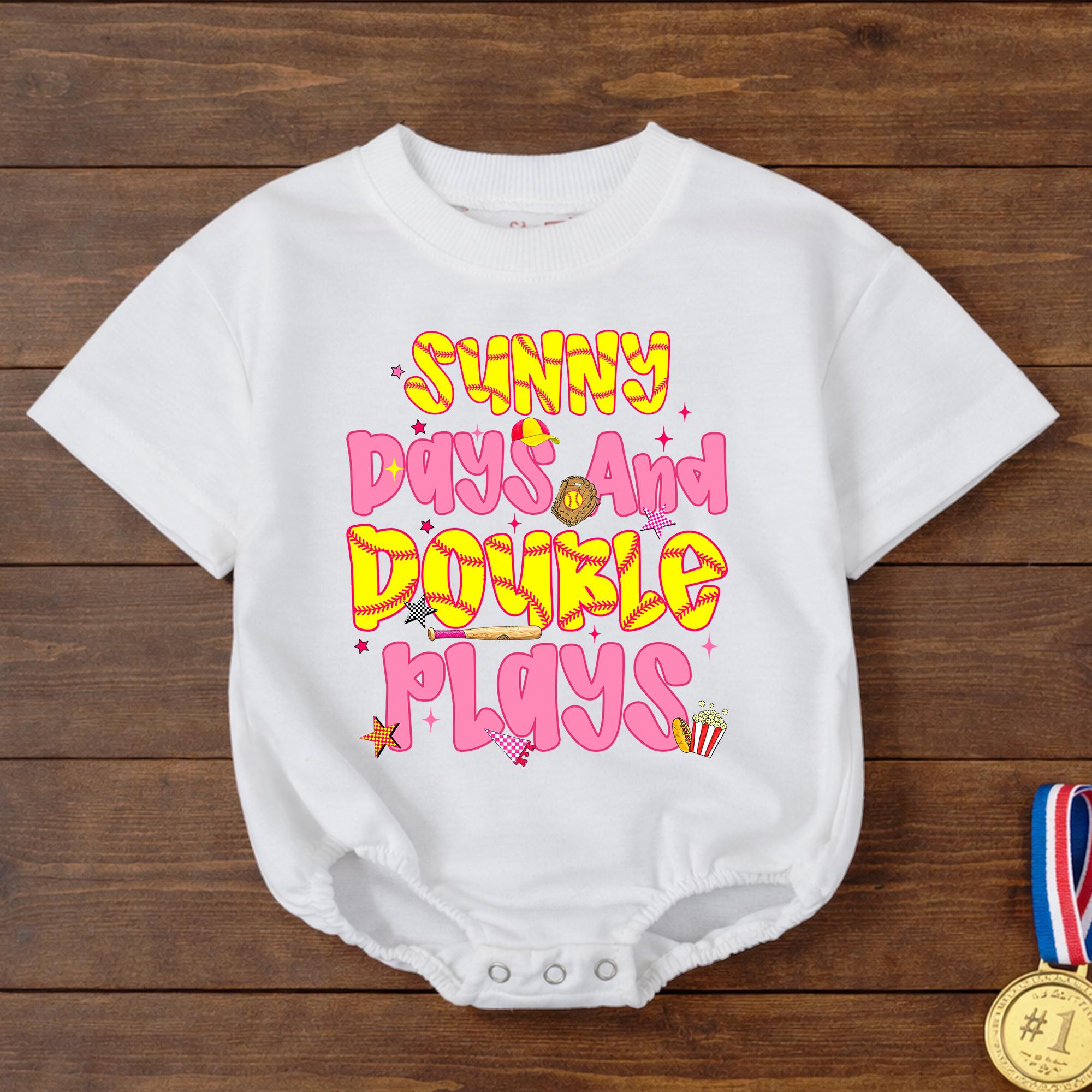 Sunny Days and Double Plays Girls' Bubble Romper and Family Matching Softball Game Day Outfit, Soft Cotton Baby and Toddler Summer Clothing