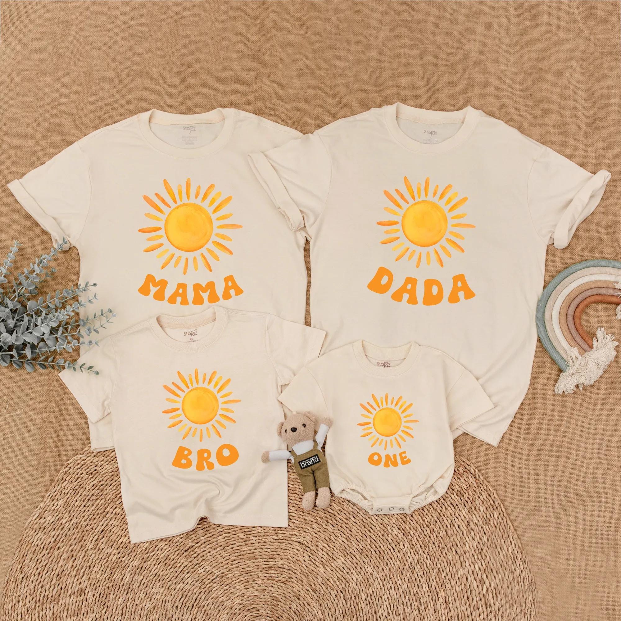 Sunshine Family Matching Shirts for 1st Birthday Custom Names Vibrant Yellow Sun Design Personalized Cotton Outfit for Mom Dad Baby