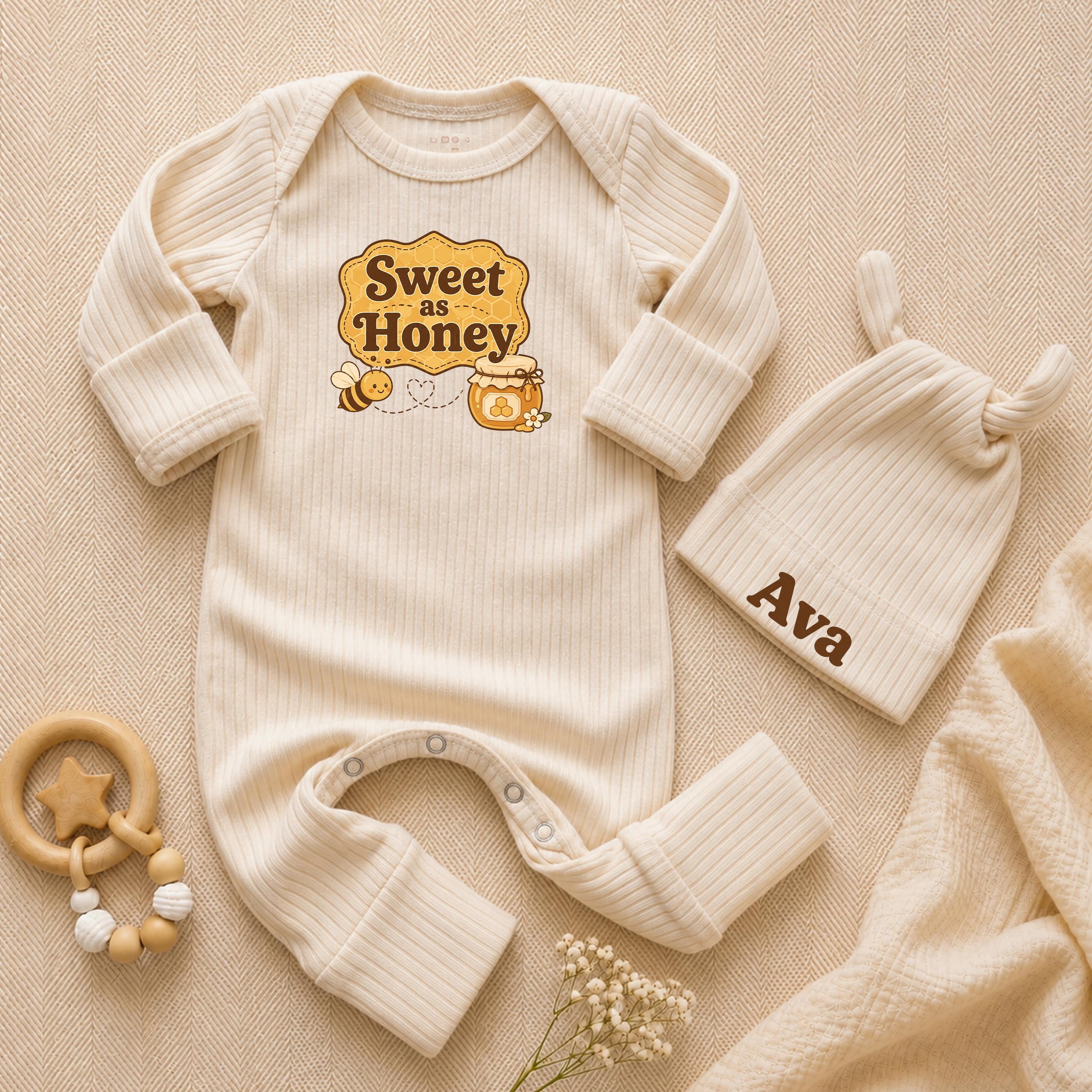 Sweet as Honey Baby Bodysuit with Honeybee Graphic and Custom Name Hat, Newborn Coming Home Outfit for Baby Shower Gift