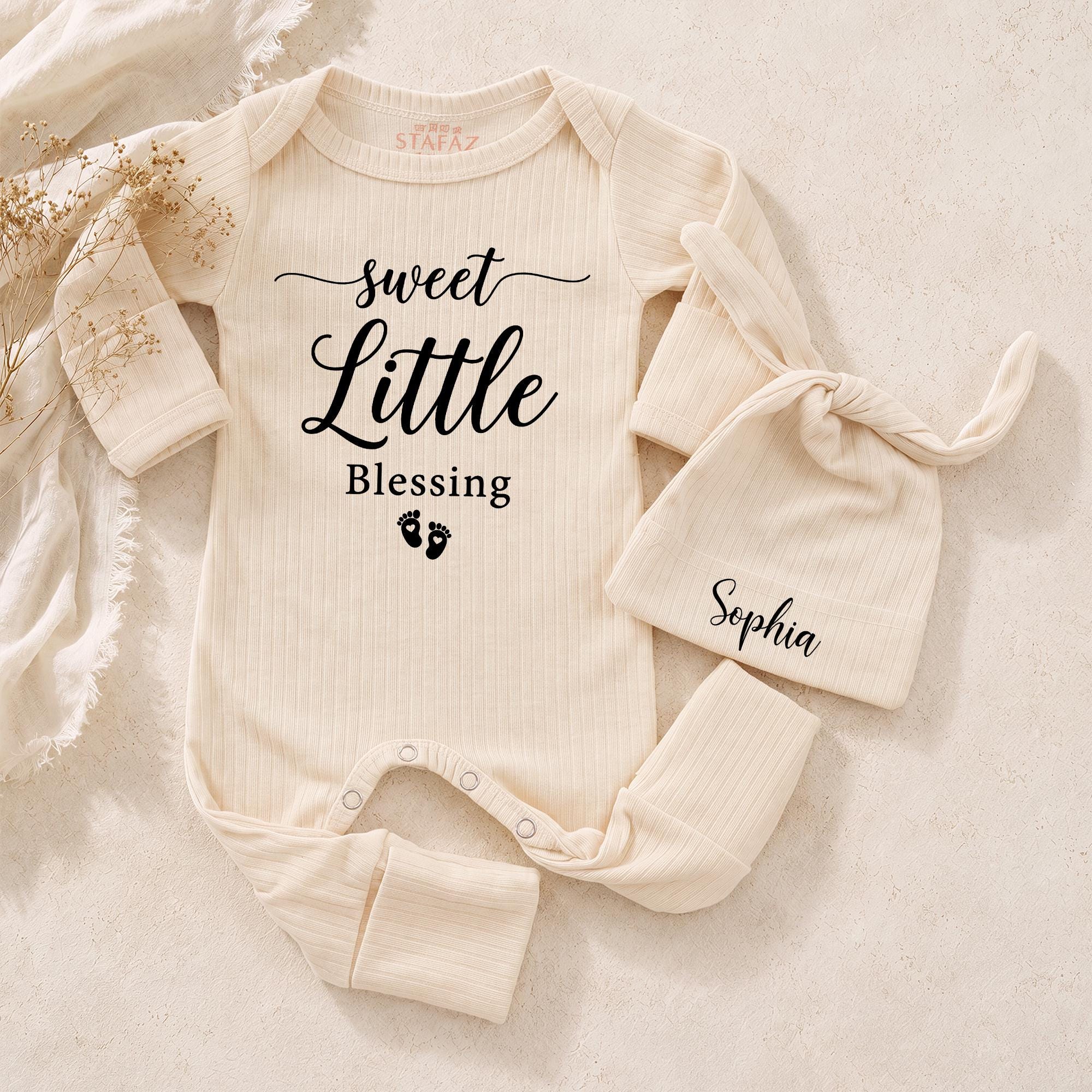 Sweet Little Blessing Baby Bodysuit with Custom Name Hat, Neutral Newborn Coming Home Outfit, Christian Baby Shower Gift Set