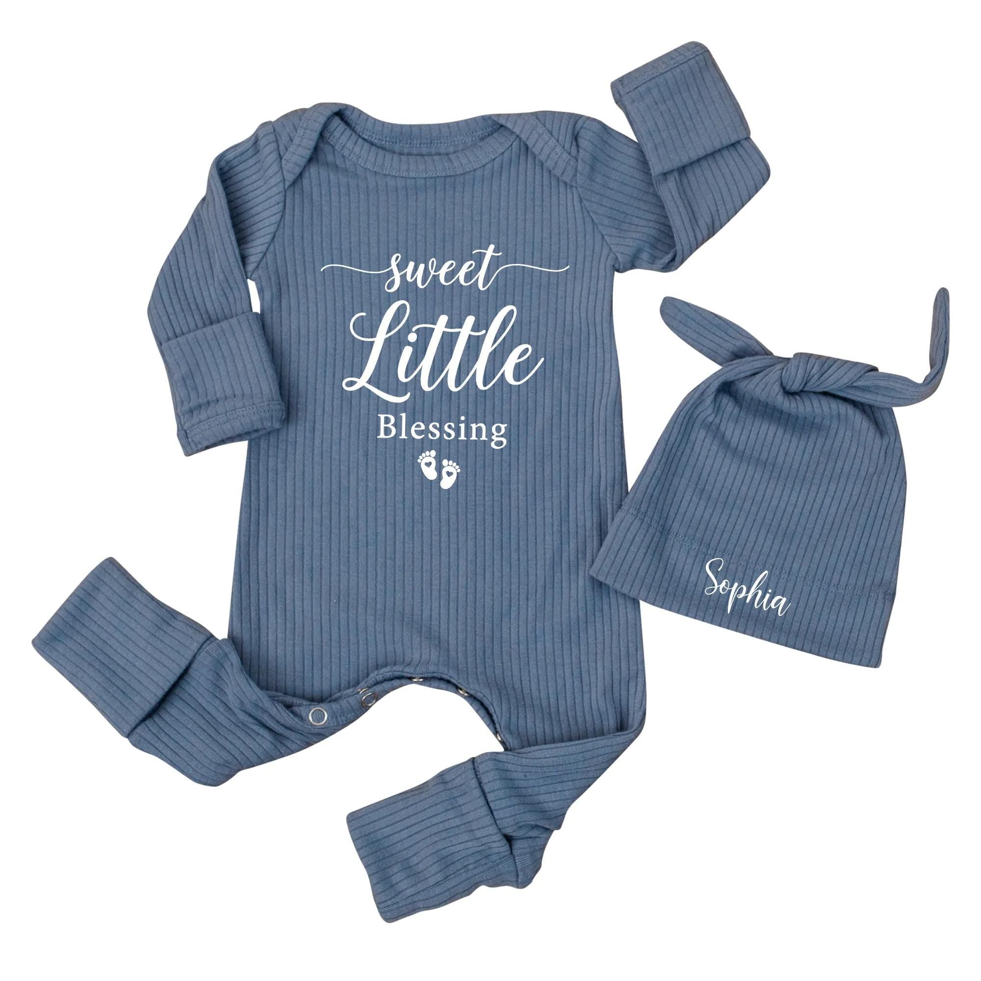 Sweet Little Blessing Baby Bodysuit with Custom Name Hat, Neutral Newborn Coming Home Outfit, Christian Baby Shower Gift Set