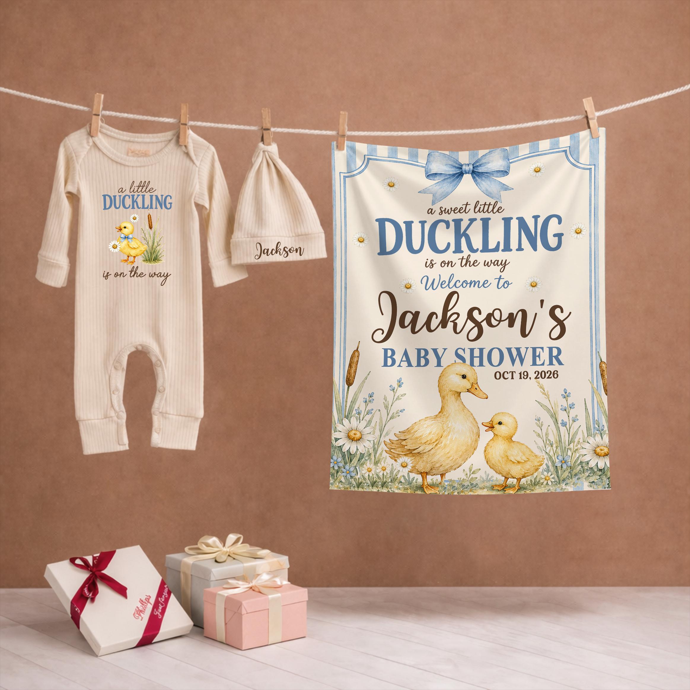 A Sweet Little Duckling Baby Shower Silk Banner with Custom Name & Date, Blue Stripe Design, Personalized Gift for Newborn Celebration