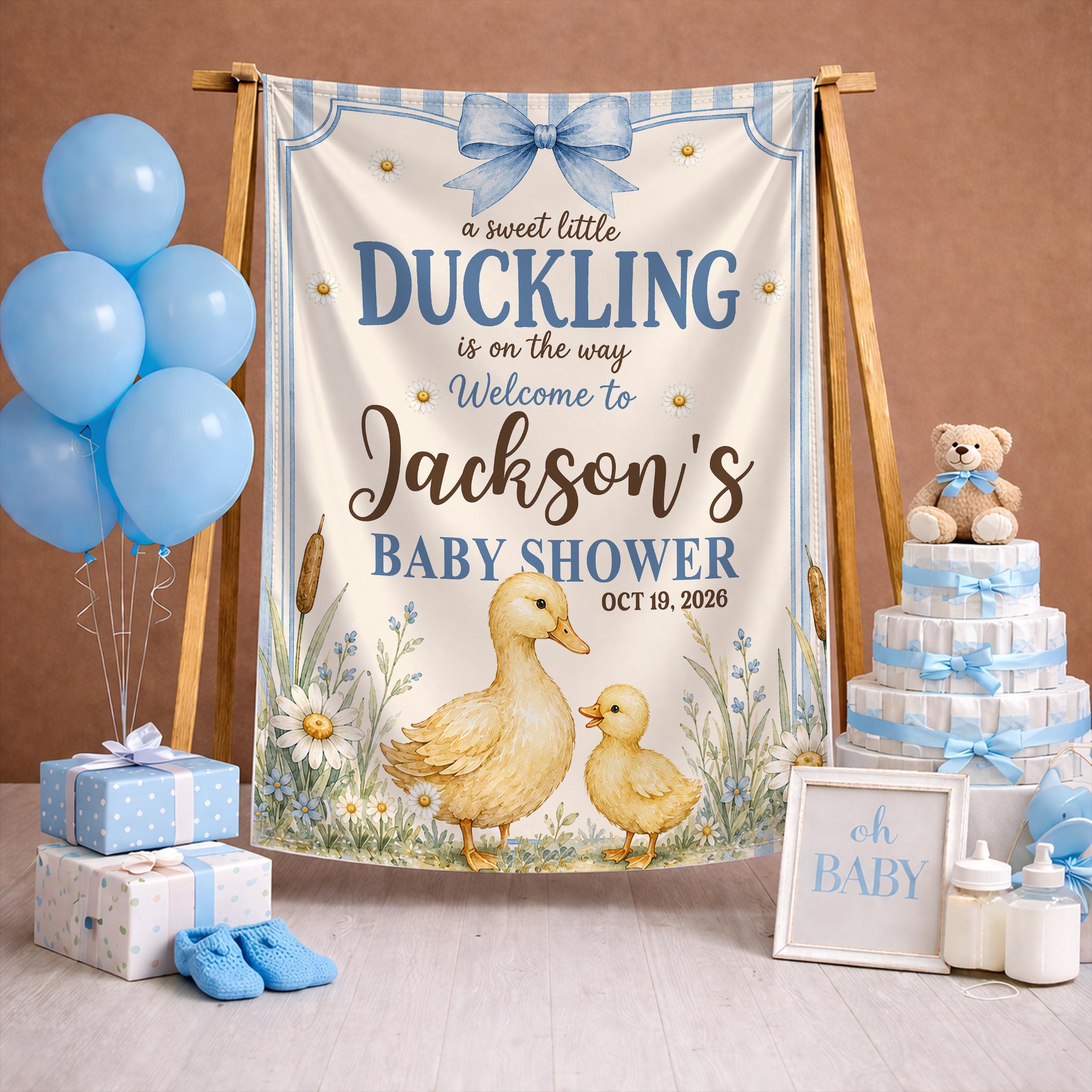A Sweet Little Duckling Baby Shower Silk Banner with Custom Name & Date, Blue Stripe Design, Personalized Gift for Newborn Celebration