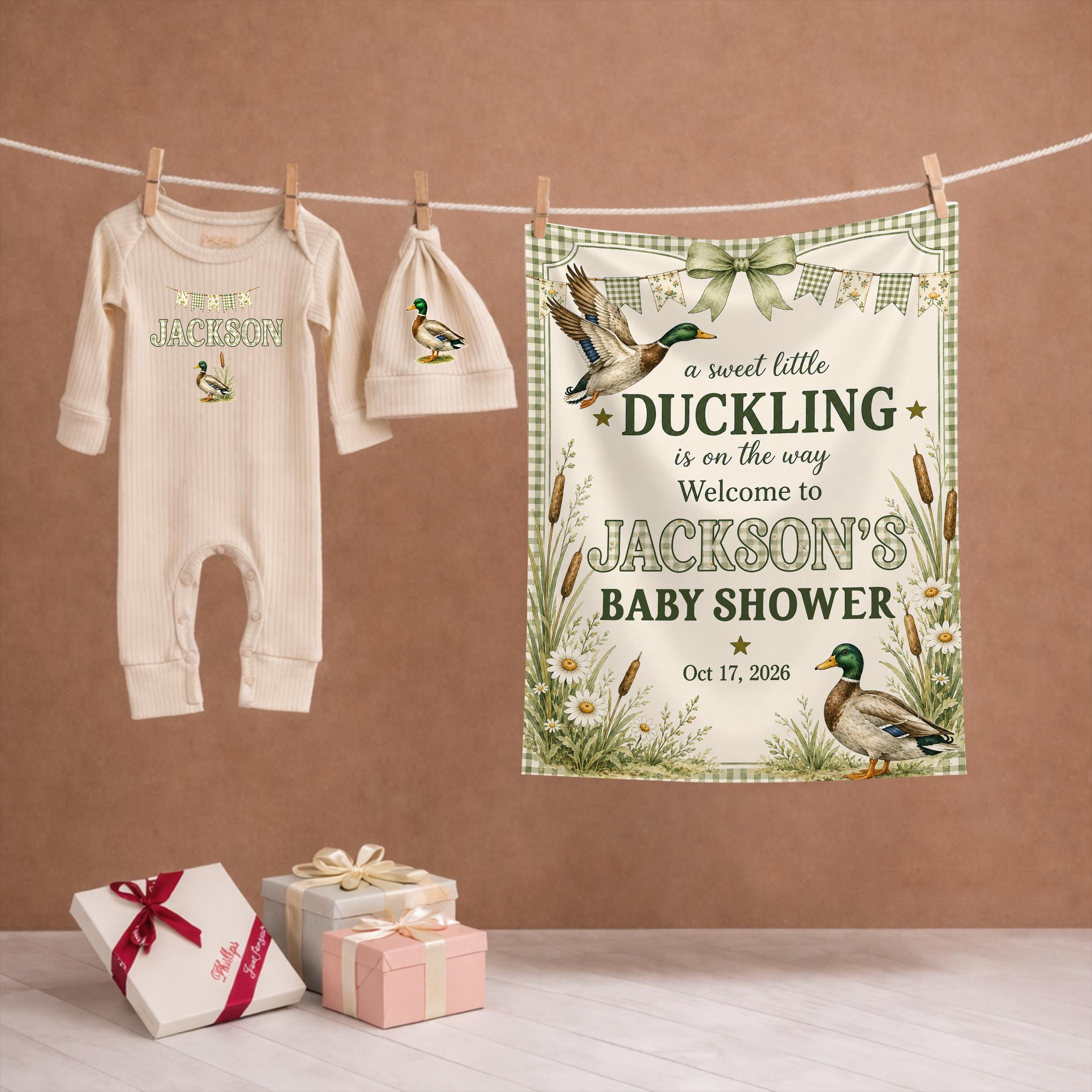A Sweet Little Duckling Baby Shower Silk Banner with Mallard Ducks Artwork, Custom Name & Date, Vintage Green Watercolor Design