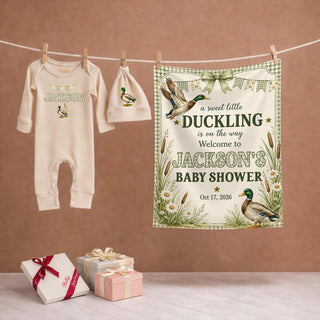 A Sweet Little Duckling Baby Shower Silk Banner with Mallard Ducks Artwork, Custom Name & Date, Vintage Green Watercolor Design