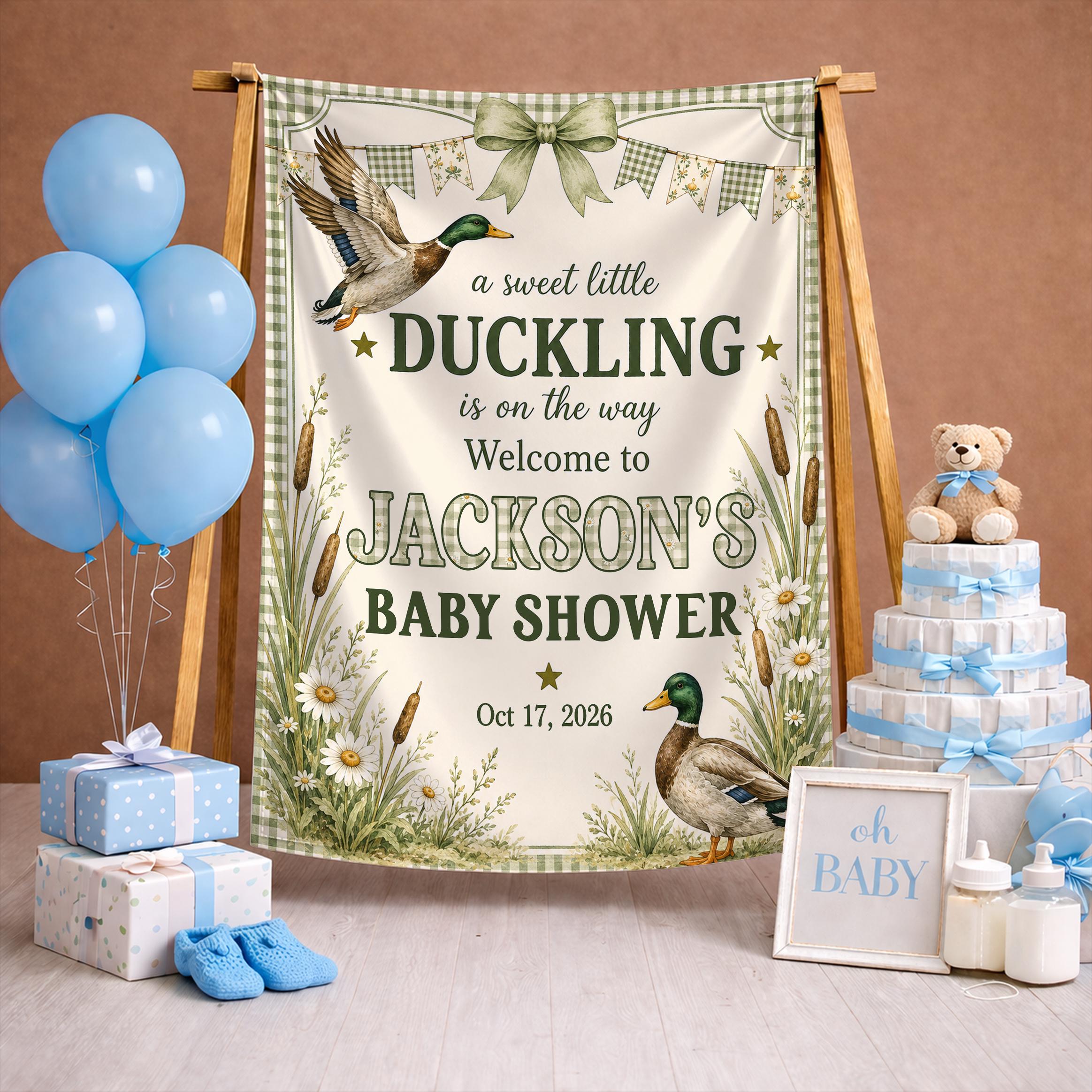 A Sweet Little Duckling Baby Shower Silk Banner with Mallard Ducks Artwork, Custom Name & Date, Vintage Green Watercolor Design