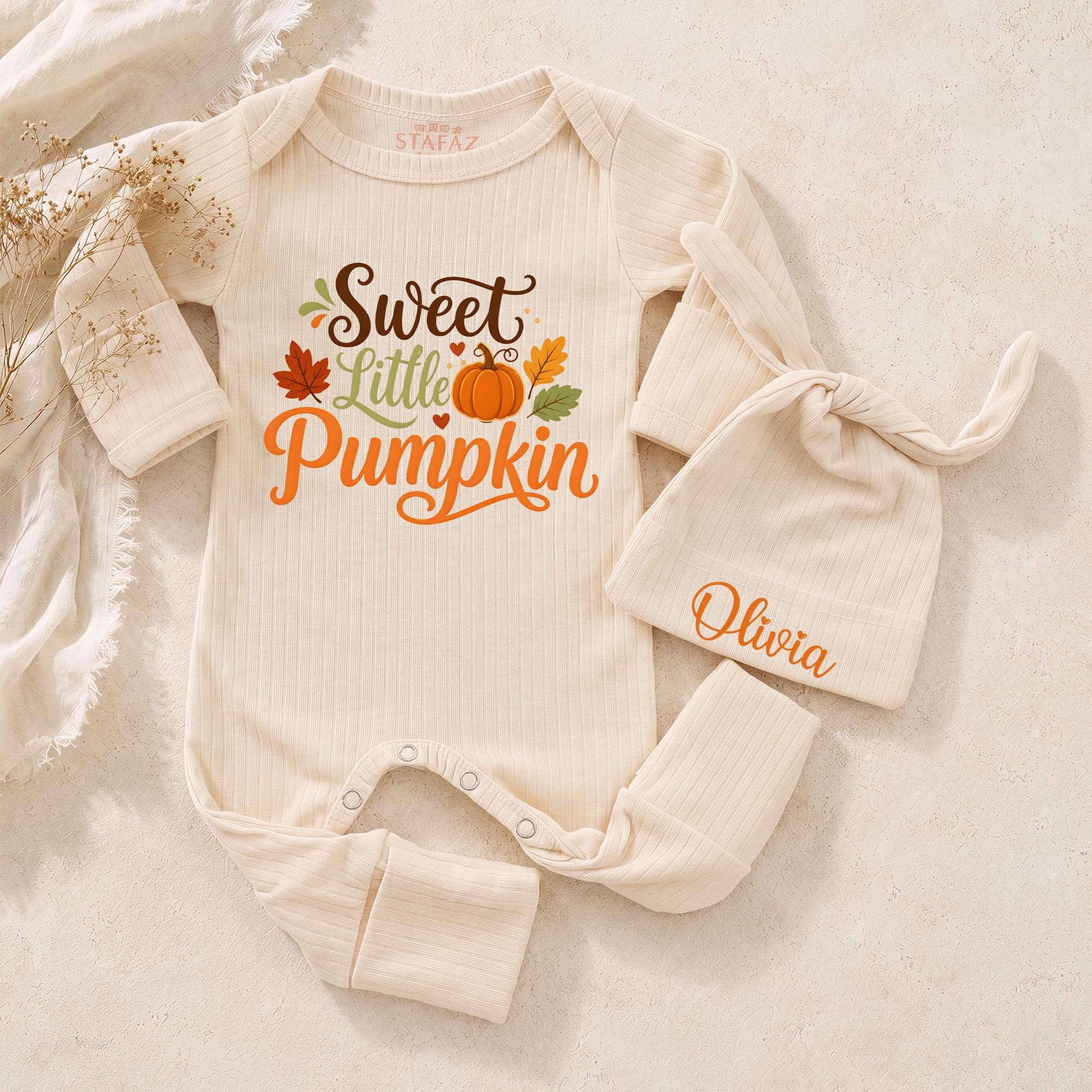 Sweet Little Pumpkin Baby Bodysuit and Hat Set with Custom Name, Fall Newborn Thanksgiving Outfit, Cute Autumn Baby Shower Gift