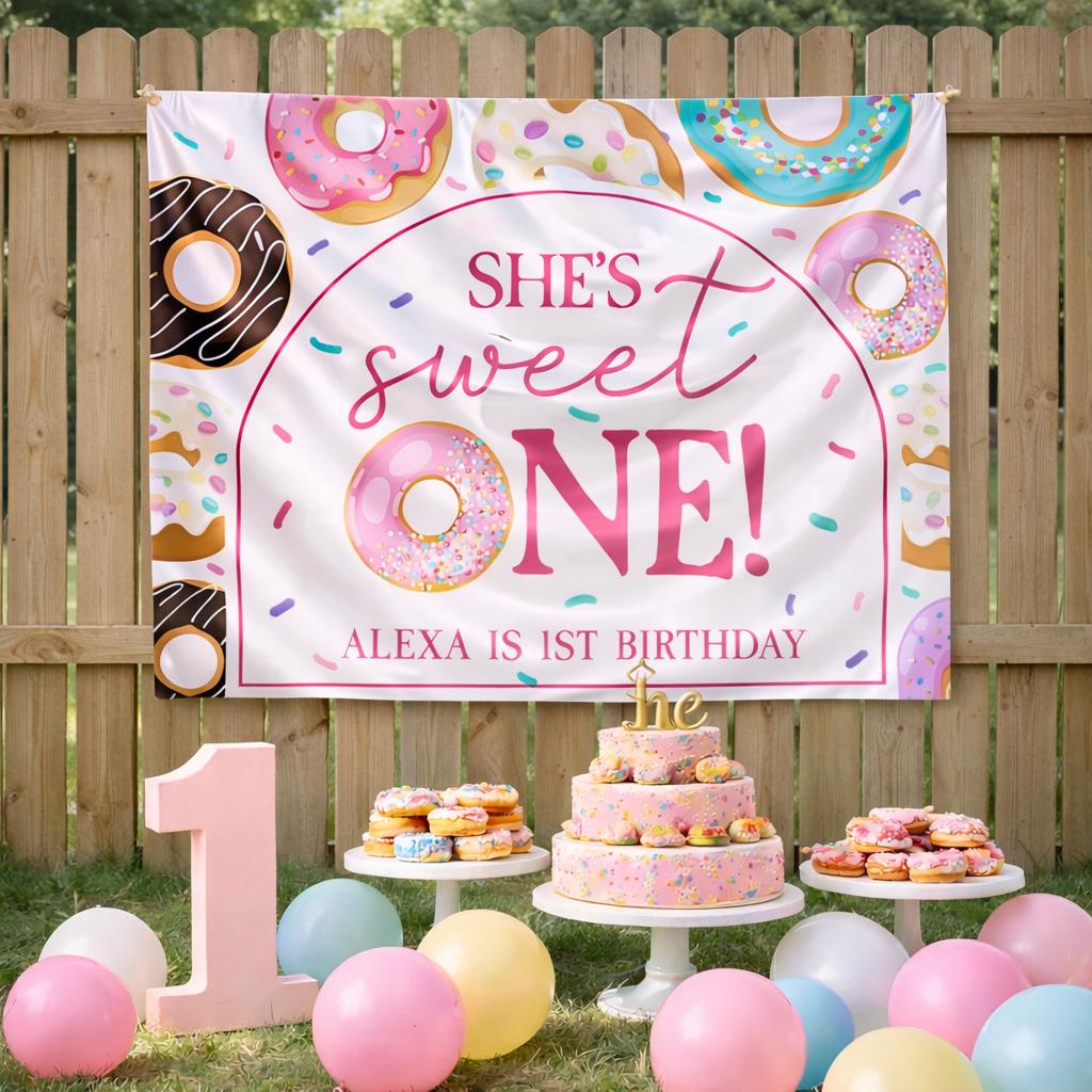 Sweet One 1st Birthday Girl Banner Pink Donut Party Backdrop Baby Birthday Decoration Custom Name First Birthday Party Decor