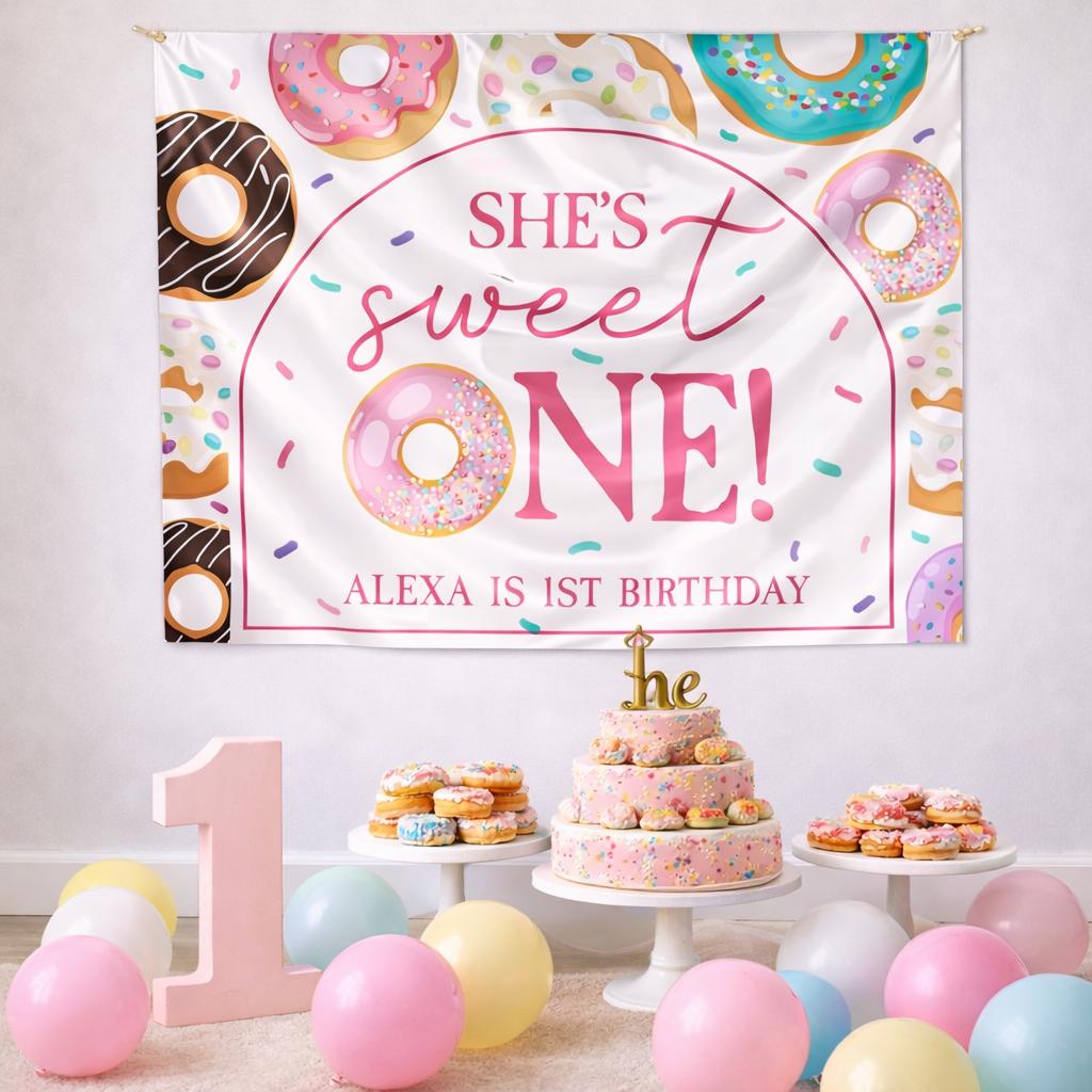 Sweet One 1st Birthday Girl Banner Pink Donut Party Backdrop Baby Birthday Decoration Custom Name First Birthday Party Decor
