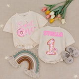 Sweet One Donut Baby Romper with Custom Name, 1st Birthday Outfit, Pink Sprinkle Donut Design, Cake Smash Baby Girl Romper