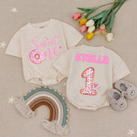 Sweet One Donut Baby Romper with Custom Name, 1st Birthday Outfit, Pink Sprinkle Donut Design, Cake Smash Baby Girl Romper