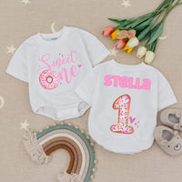 Sweet One Donut Baby Romper with Custom Name, 1st Birthday Outfit, Pink Sprinkle Donut Design, Cake Smash Baby Girl Romper