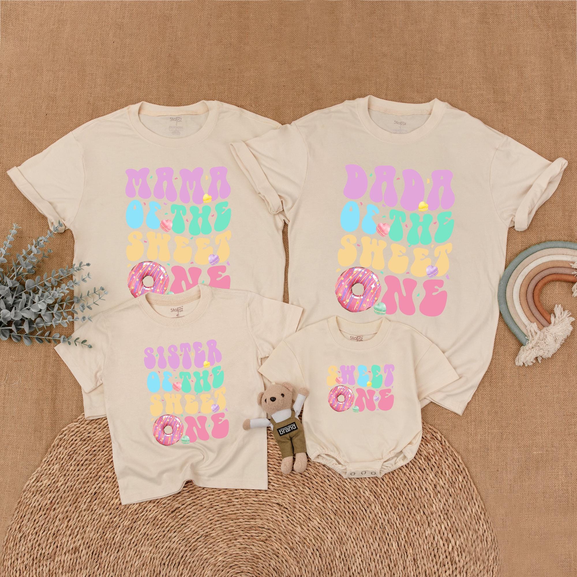 Sweet One Donut Birthday Family Shirts Matching Pastel Outfit Custom Names Fun Design for Baby Toddler Mom Dad Sister Birthday Celebration