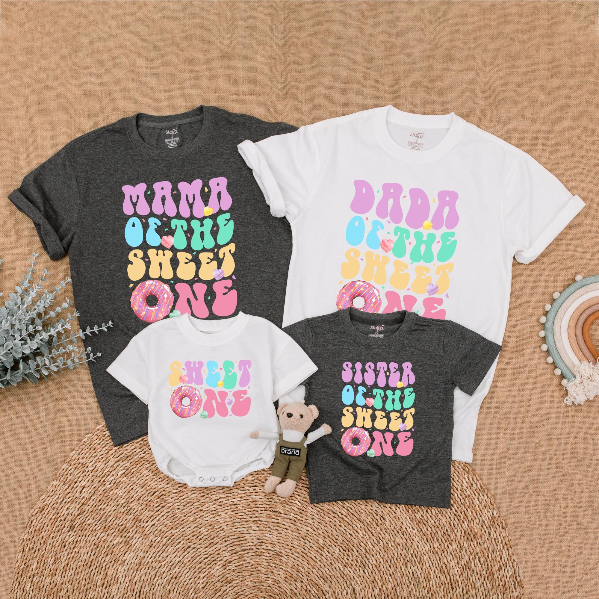 Sweet One Donut Birthday Family Shirts Matching Pastel Outfit Custom Names Fun Design for Baby Toddler Mom Dad Sister Birthday Celebration