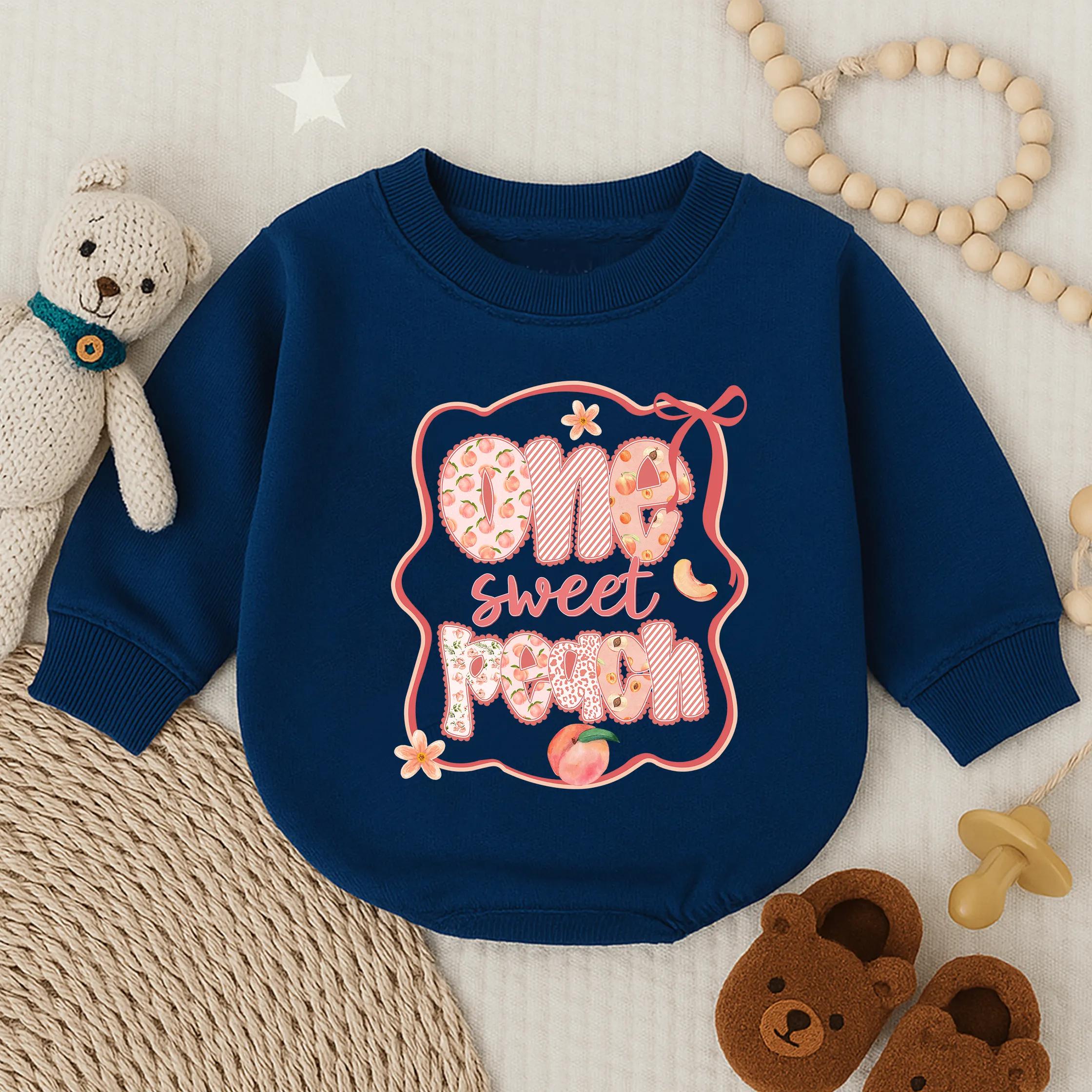 Sweet Peach Baby Romper Colorful Peach Design Infant Girl Outfit Birthday Shower Gift Soft Cotton Playful Stars Whimsical Celebration