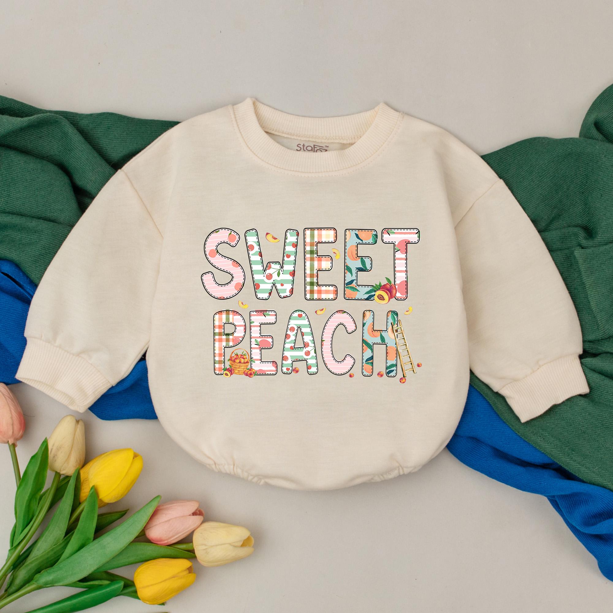 Sweet Peach Romper for Baby Girls Birthday Outfit Pastel Floral Bubble Bodysuit Soft Cotton Newborn Gift Playful Patterns Summer Fun