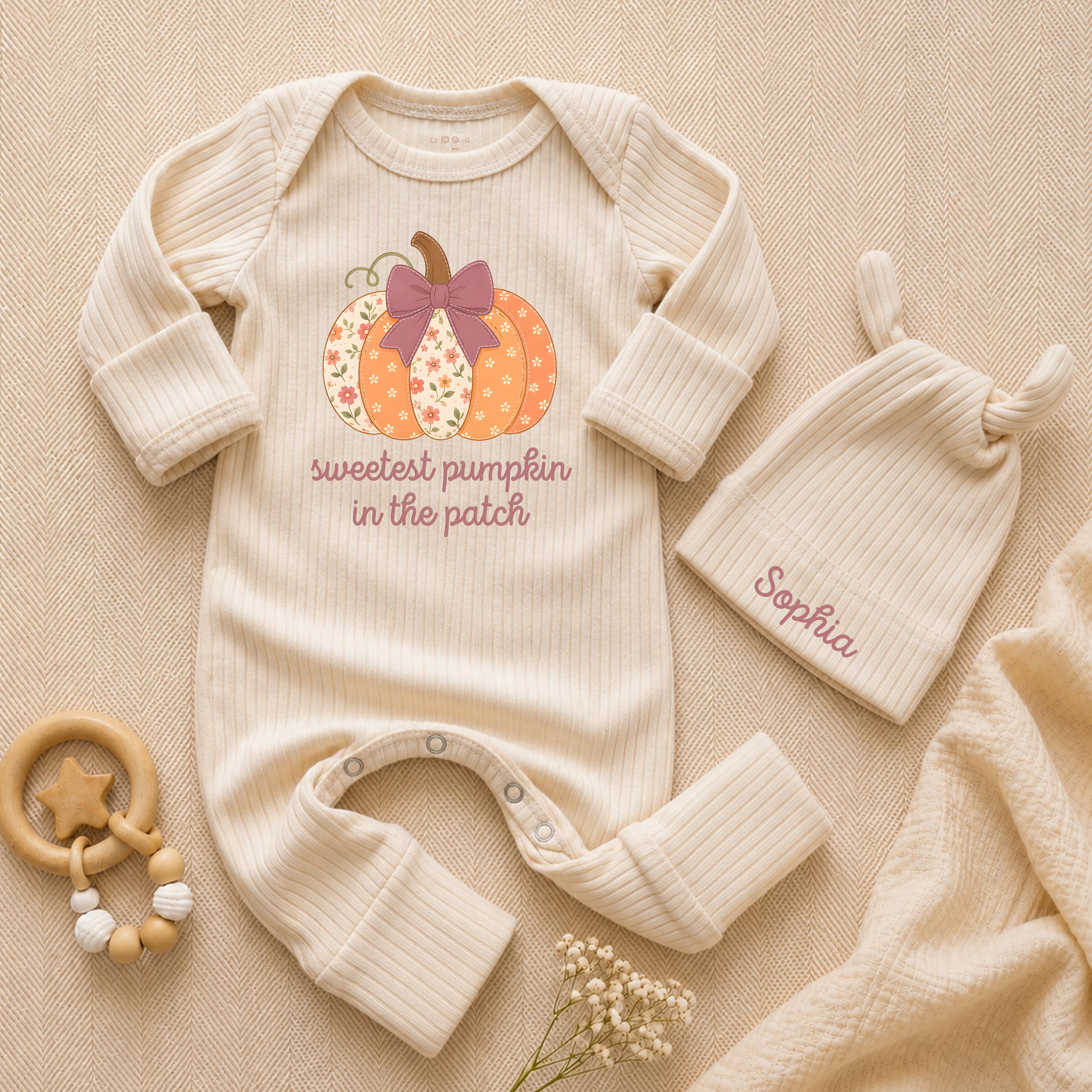 Sweetest Pumpkin in the Patch Baby Bodysuit and Hat Set, Floral Fall Newborn Outfit with Custom Name, Baby Girl Coming Home Clothes