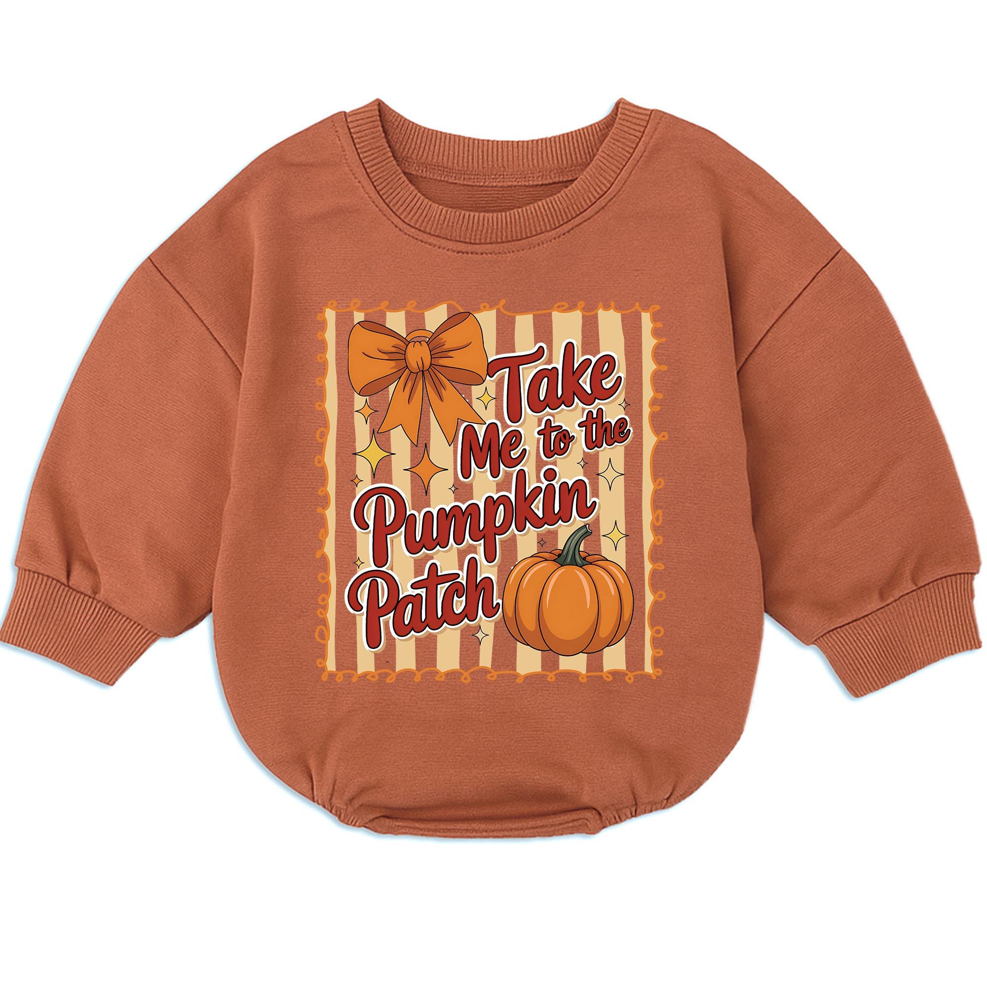 Take Me to the Pumpkin Patch Baby Bubble Romper, Rust Long Sleeve Fall Outfit with Pumpkin Graphic, Newborn to 24M Autumn Clothes