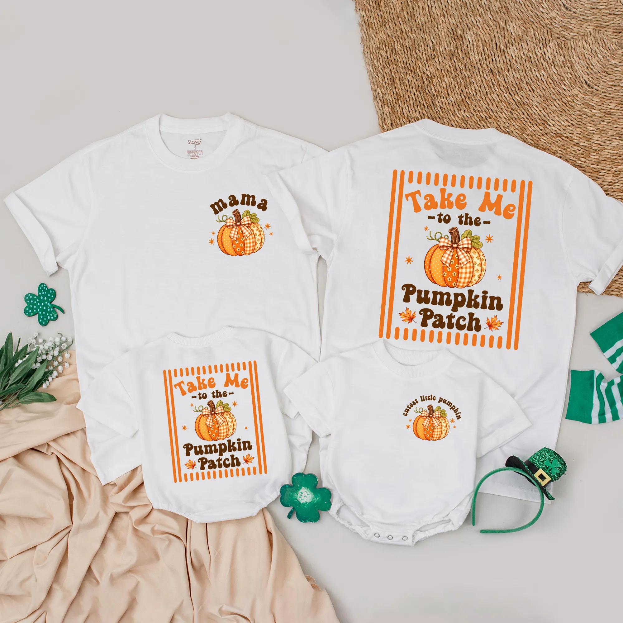Take Me to the Pumpkin Patch Matching Family Outfits, Autumn Harvest Shirts with Custom Names for Mama, Dada, and Little Pumpkin