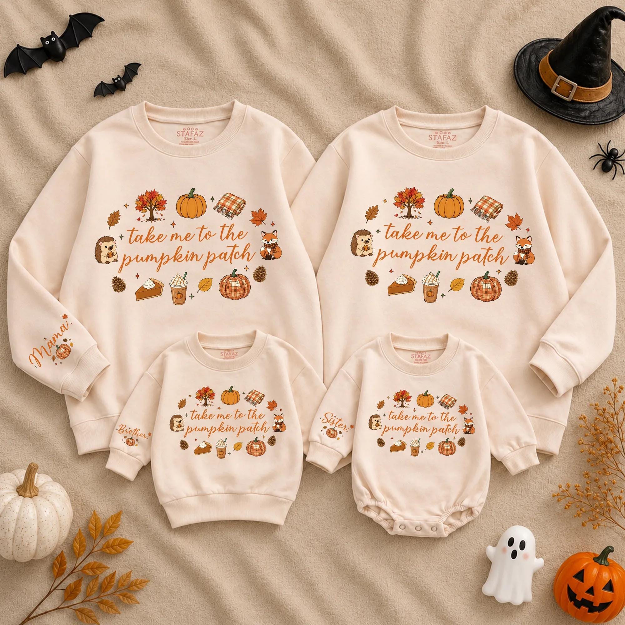 Take Me to the Pumpkin Patch Matching Family Sweatshirts and Baby Romper, Cute Fall Outfits with Custom Names for Autumn Adventures