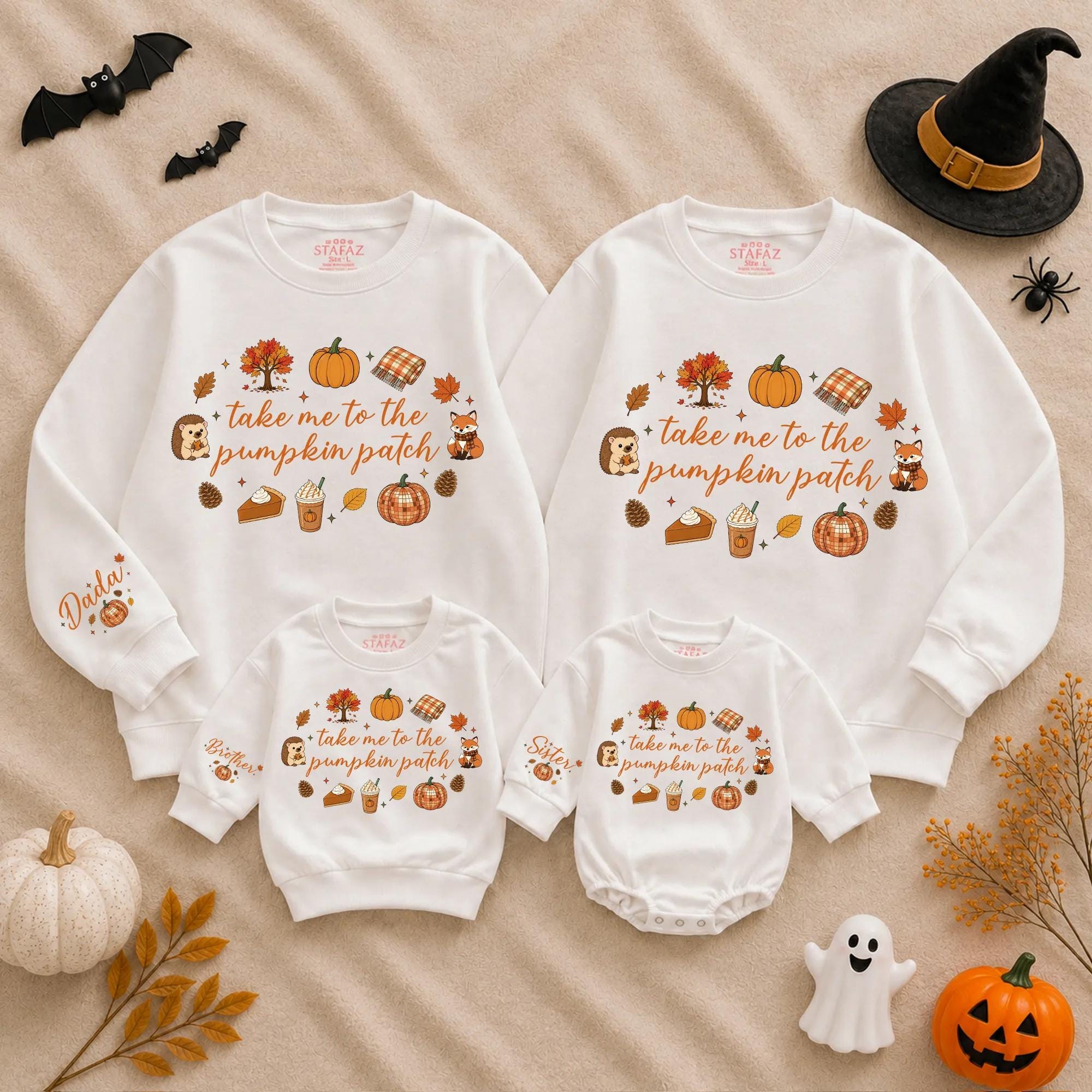 Take Me to the Pumpkin Patch Matching Family Sweatshirts and Baby Romper, Cute Fall Outfits with Custom Names for Autumn Adventures