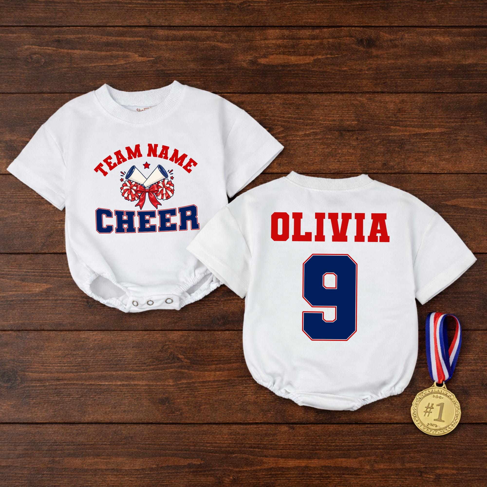 Team Name Cheer Baby Romper with Bow and Custom Name, Personalized Cheerleader Outfit, Game Day Baby Shower Gift