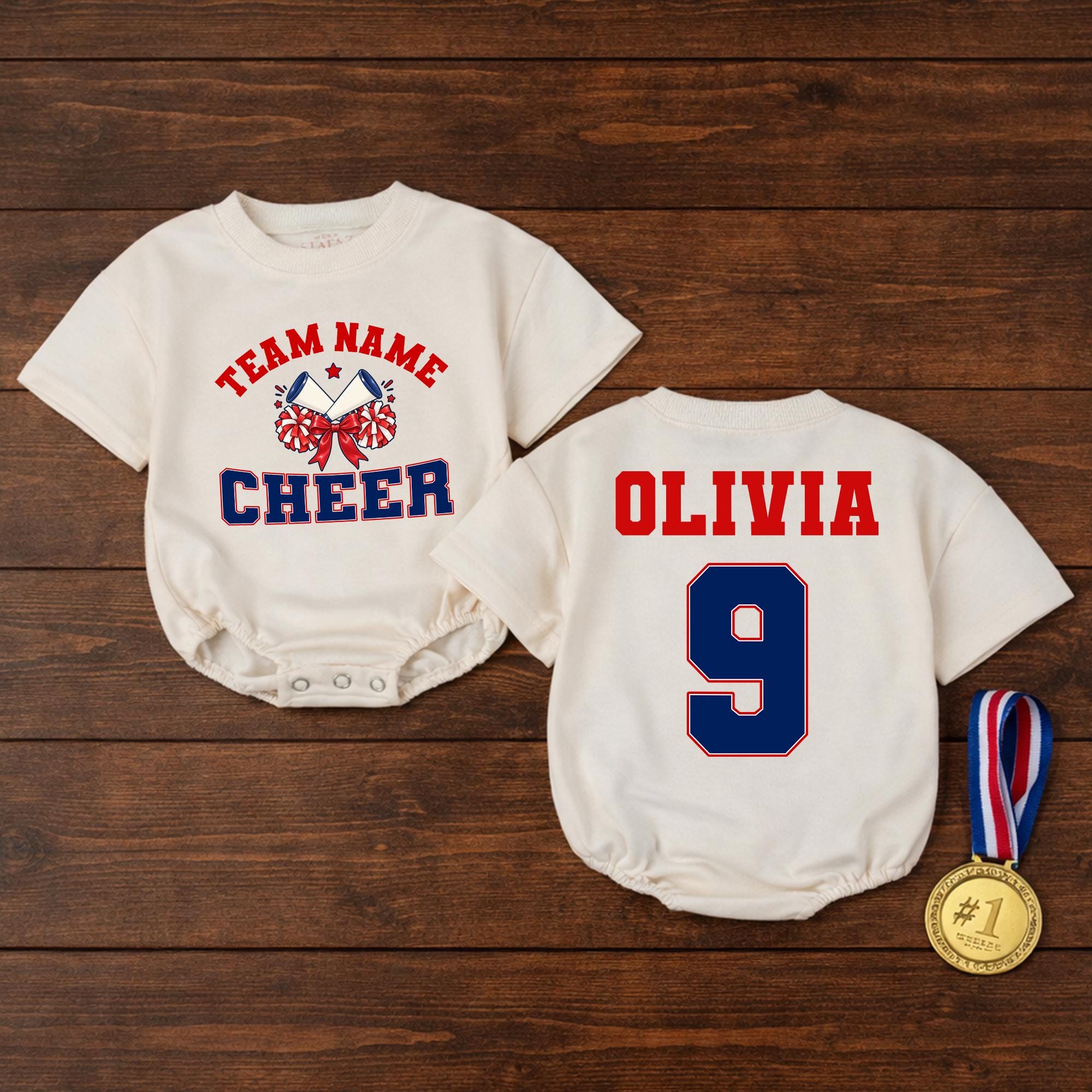 Team Name Cheer Baby Romper with Bow and Custom Name, Personalized Cheerleader Outfit, Game Day Baby Shower Gift