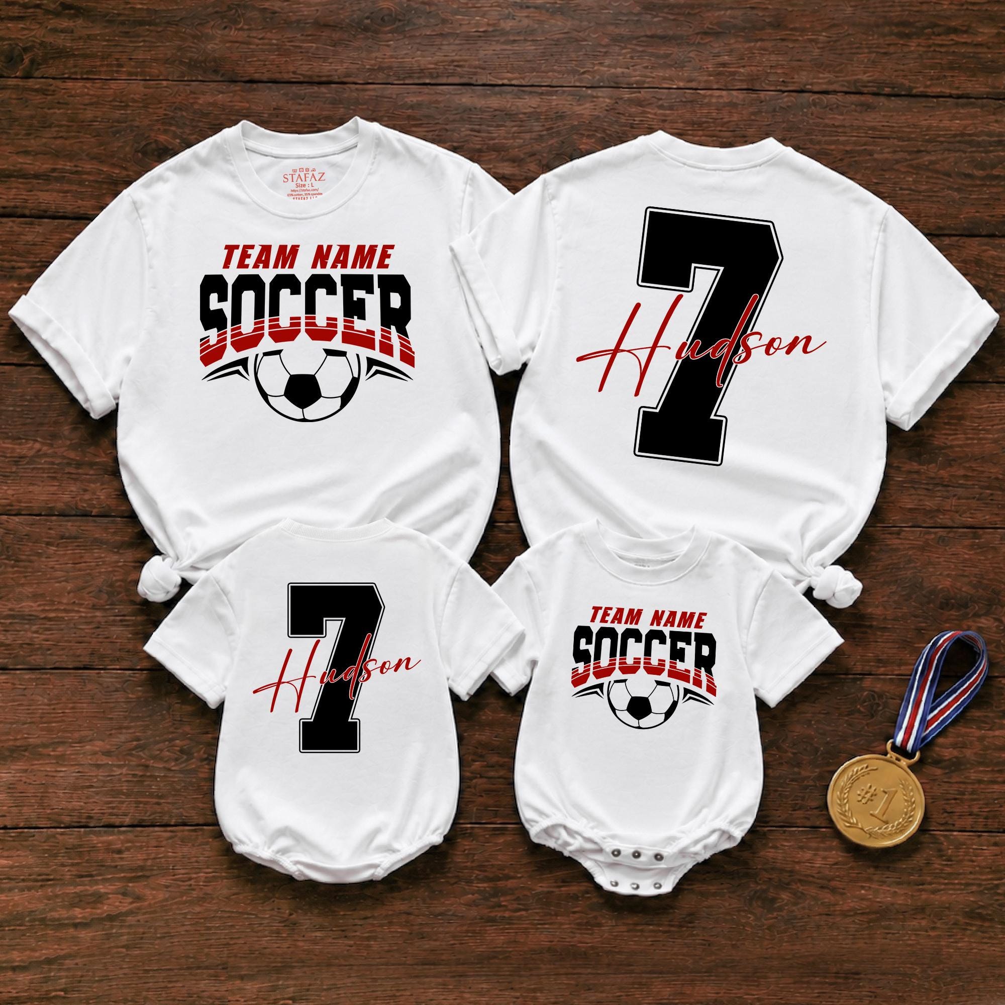 Team Name Soccer Shirts with Custom Player Number and Name, Matching Family Outfits, Baby Romper and Kids Tee for Game Day