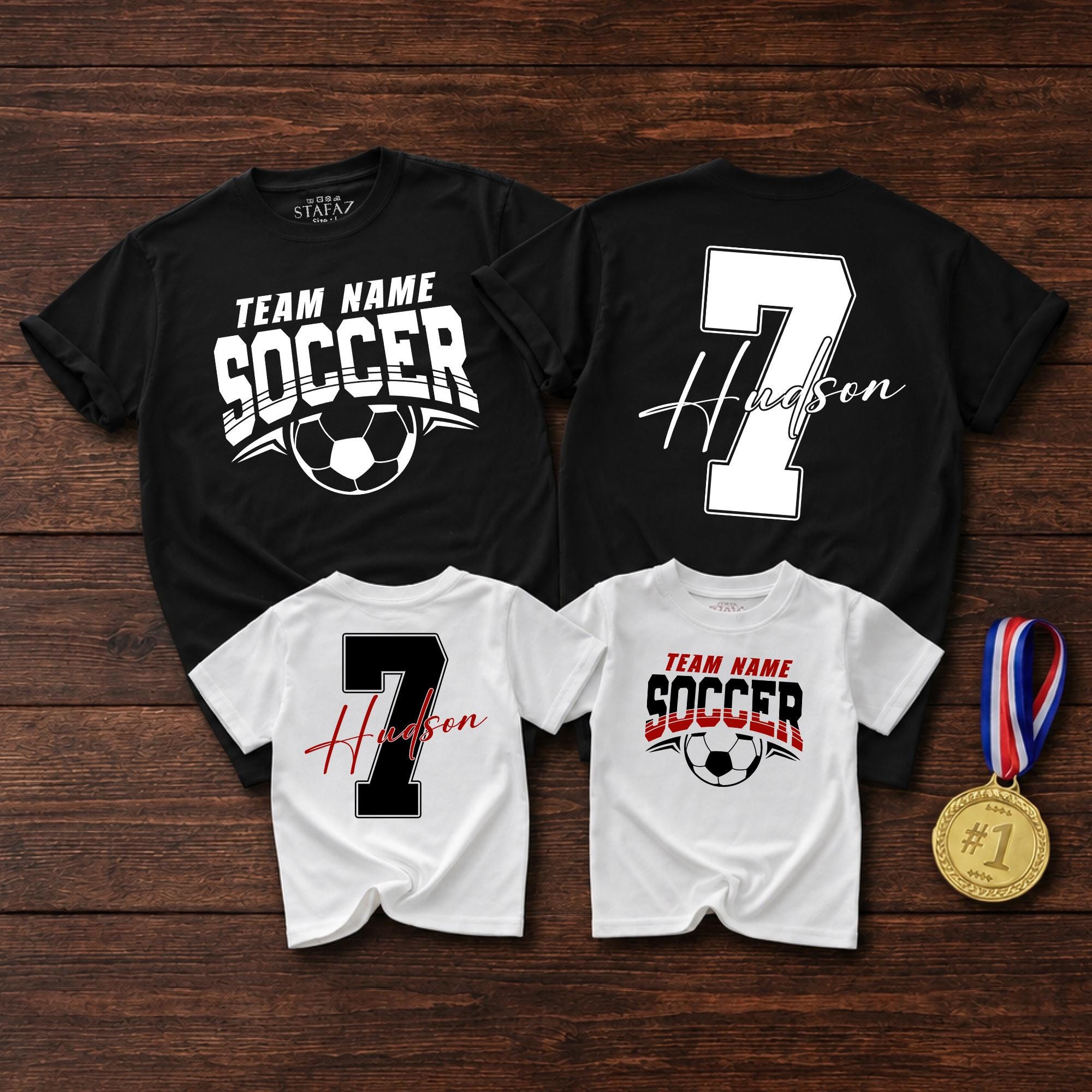 Team Name Soccer Shirts with Custom Player Number and Name, Matching Family Outfits, Baby Romper and Kids Tee for Game Day