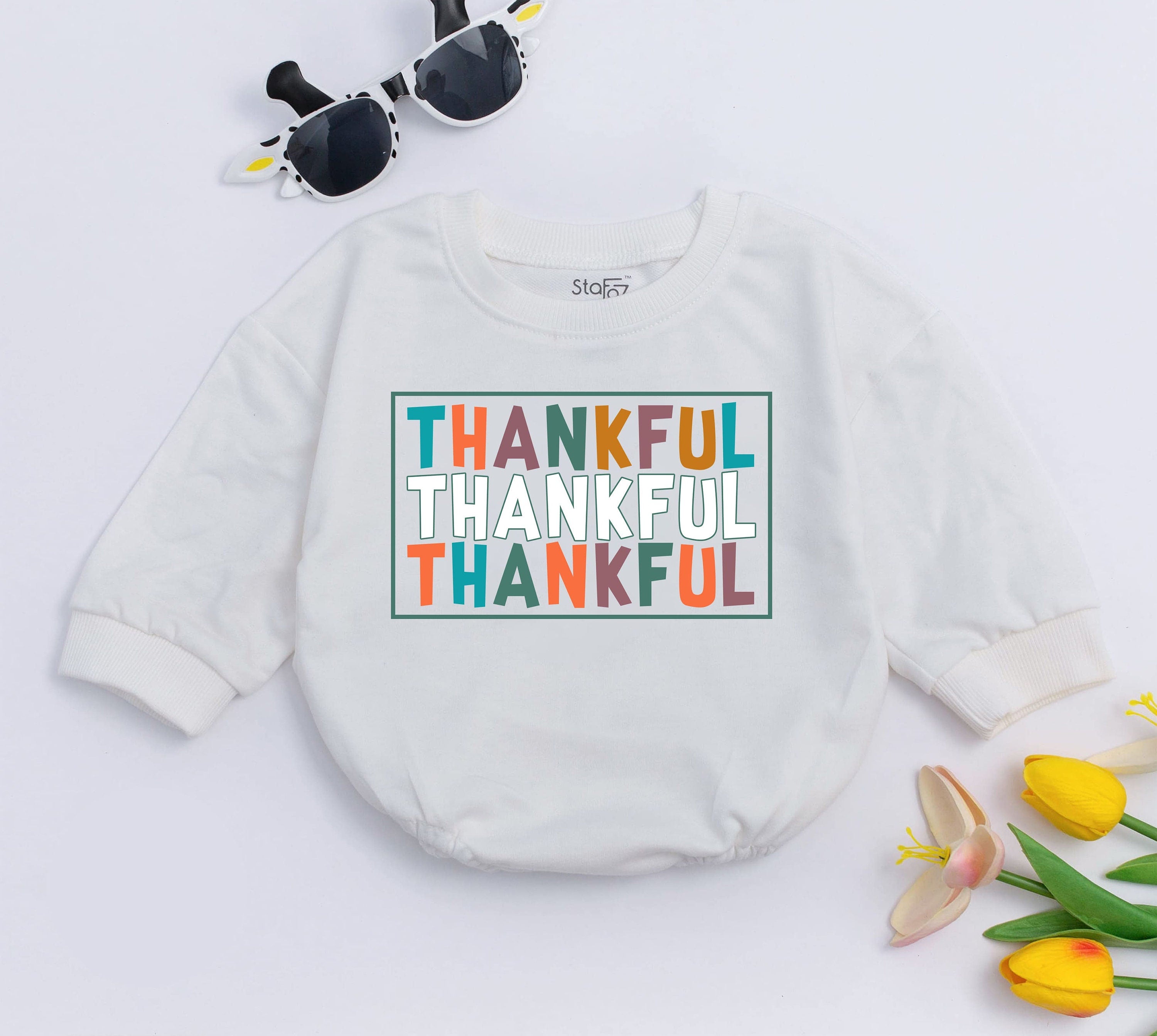 Thankful Baby Romper Thanksgiving Outfit with Teal Orange Brown Bold Letters Soft Holiday Gift for Infant Boy Girl Festive Fall Apparel