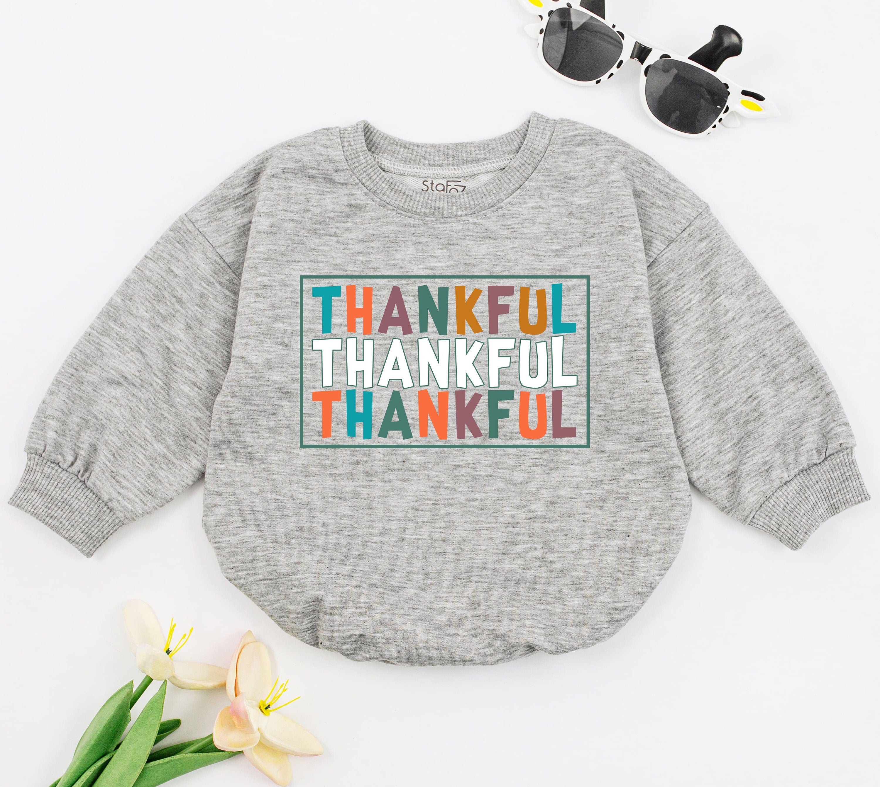 Thankful Baby Romper Thanksgiving Outfit with Teal Orange Brown Bold Letters Soft Holiday Gift for Infant Boy Girl Festive Fall Apparel