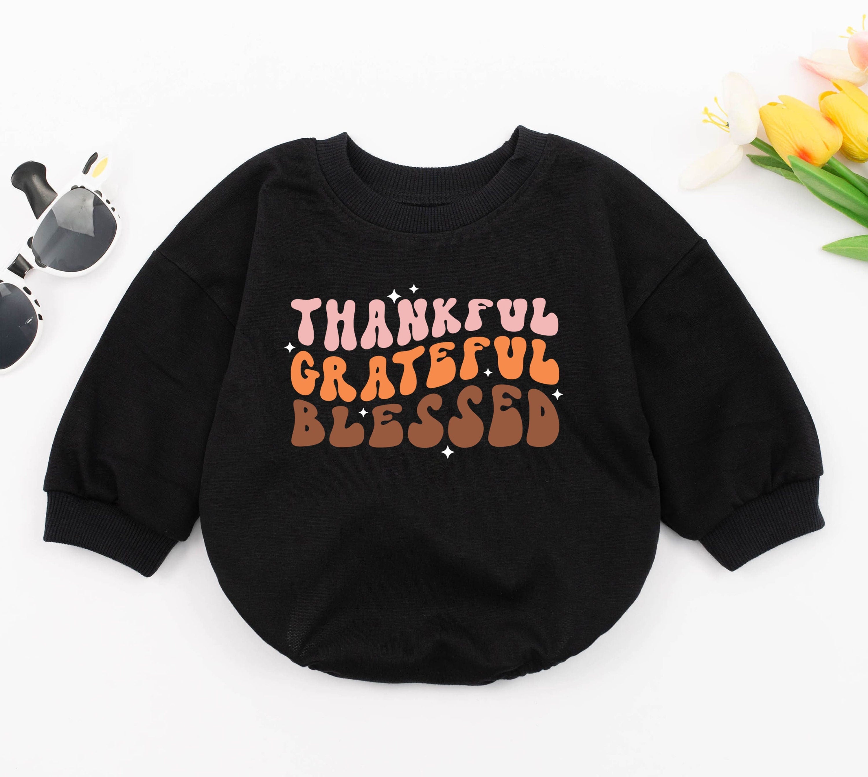 Thankful Grateful Blessed Baby Romper Retro Font Cozy Fall Outfit Baby Shower Thanksgiving Announcement Soft Cotton Infant Clothes