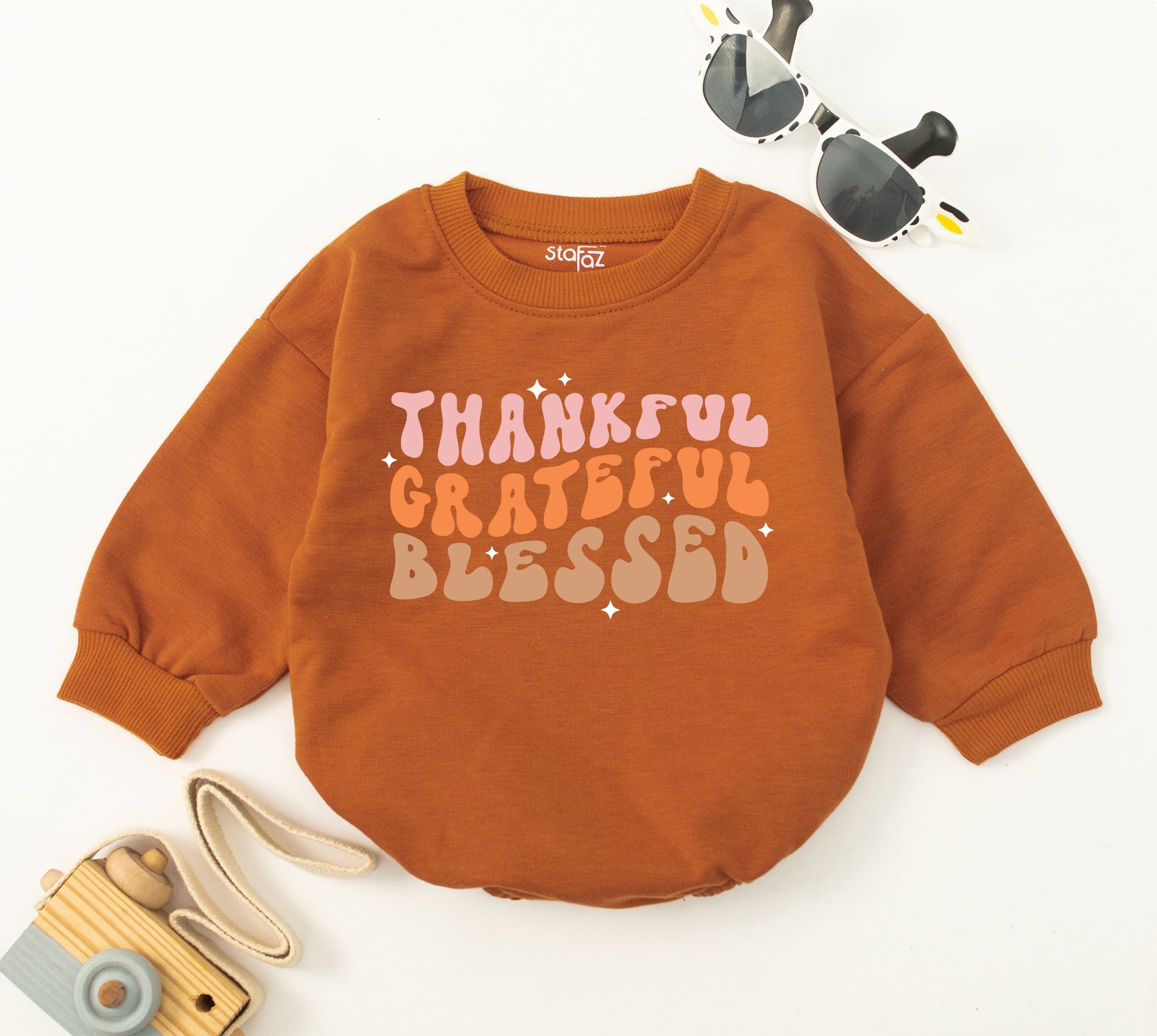 Thankful Grateful Blessed Baby Romper Retro Font Cozy Fall Outfit Baby Shower Thanksgiving Announcement Soft Cotton Infant Clothes